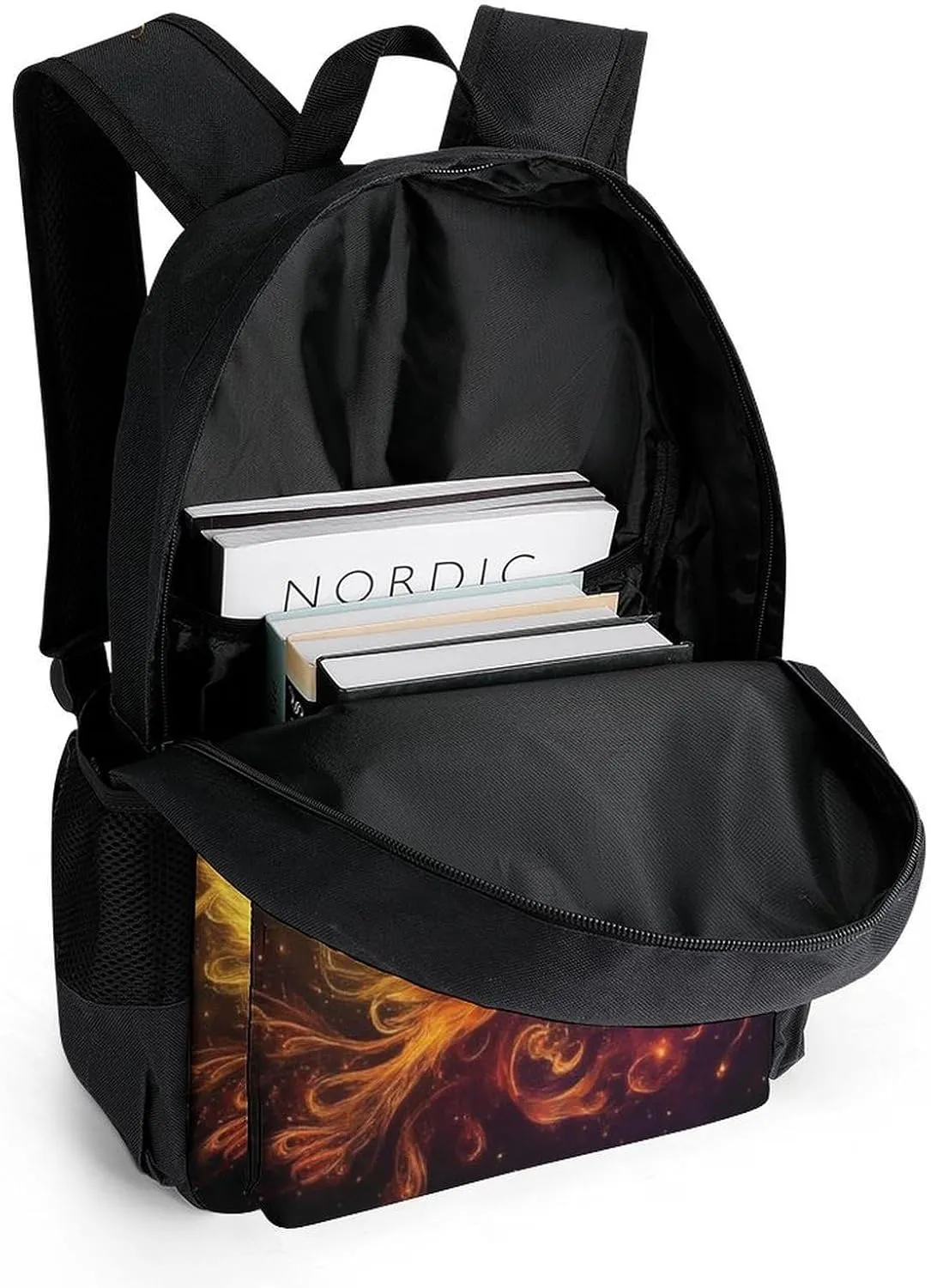 Women Men Polyester Colorful Fire Flame Birds Black Art Casual Daypack Large Capacity Bookbag With Side Pockets for Sports Picnic Walking Cycling