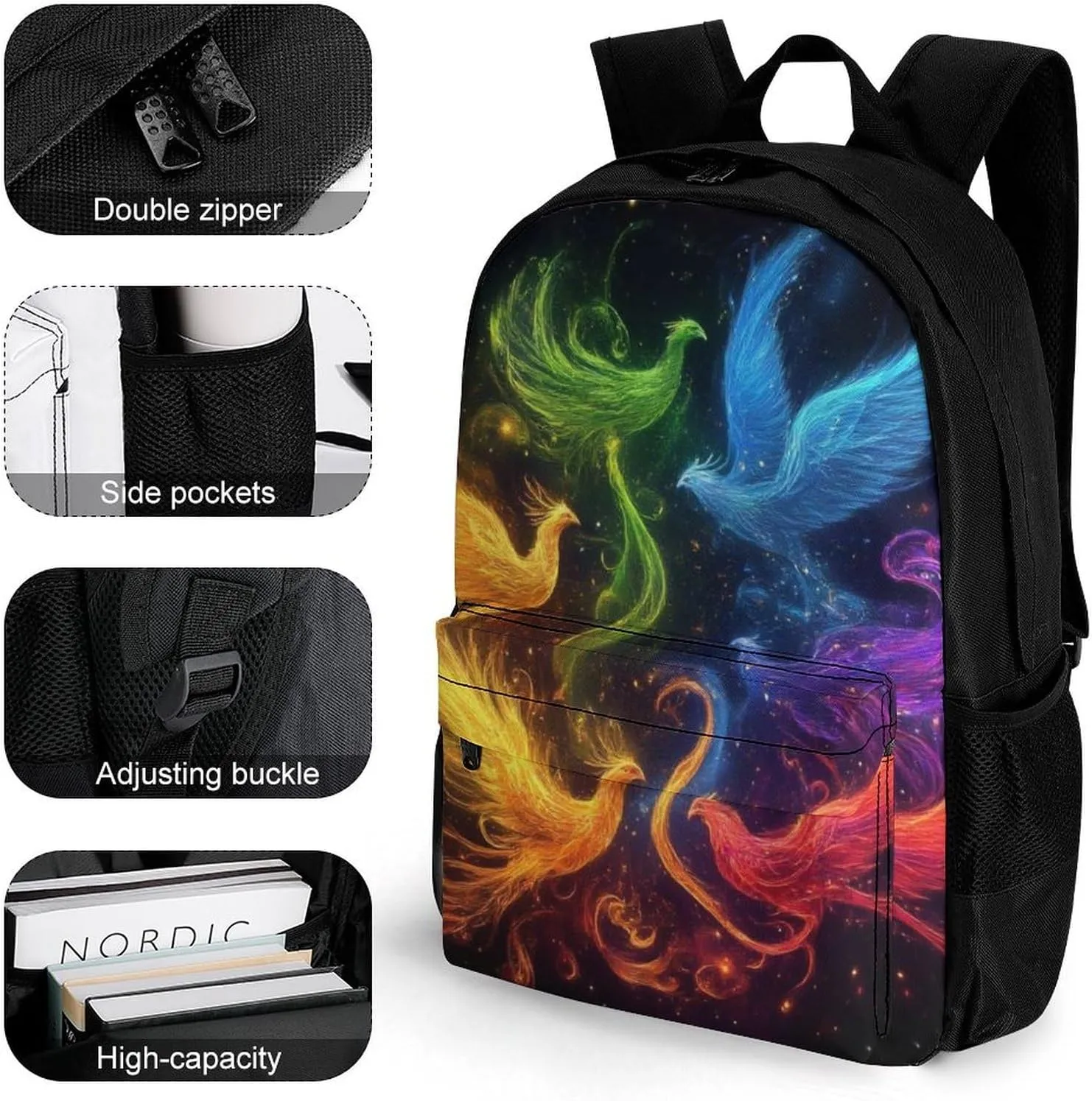 Women Men Polyester Colorful Fire Flame Birds Black Art Casual Daypack Large Capacity Bookbag With Side Pockets for Sports Picnic Walking Cycling