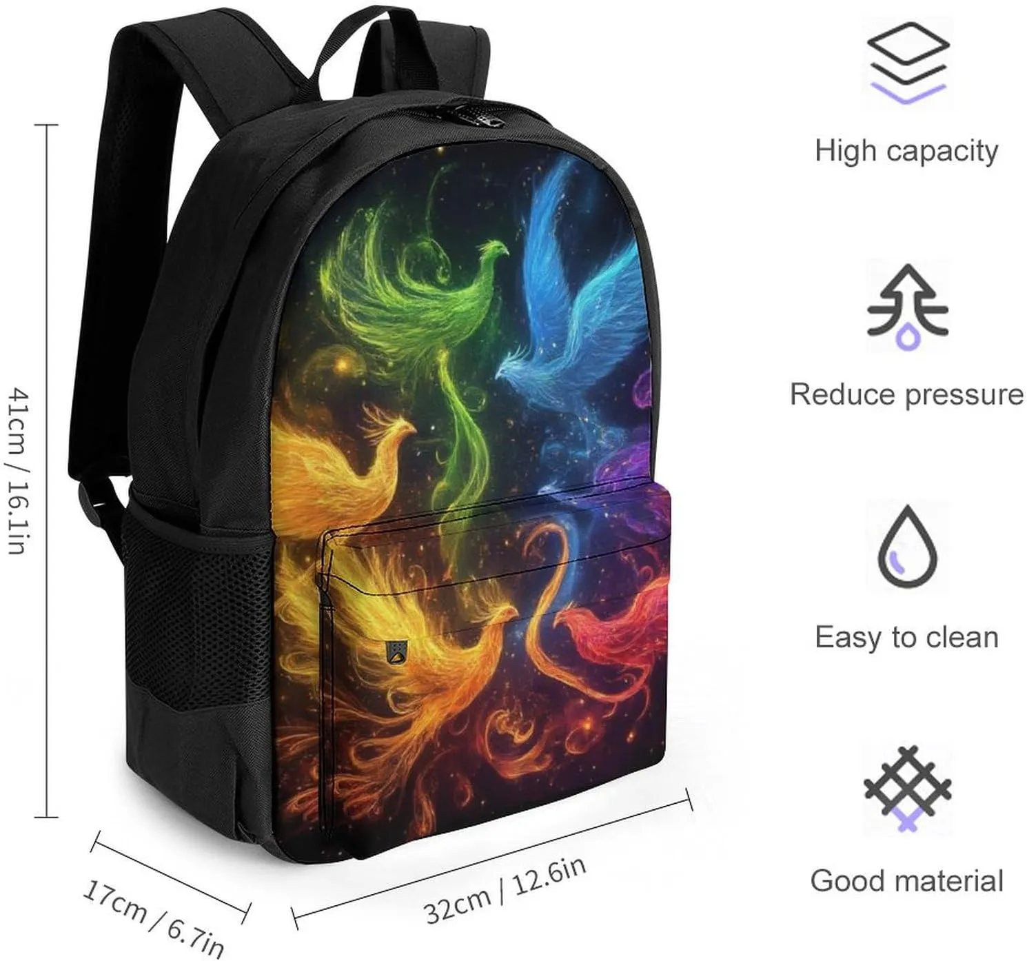 Women Men Polyester Colorful Fire Flame Birds Black Art Casual Daypack Large Capacity Bookbag With Side Pockets for Sports Picnic Walking Cycling