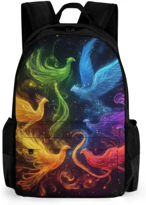Women Men Polyester Colorful Fire Flame Birds Black Art Casual Daypack Large Capacity Bookbag With Side Pockets for Sports Picnic Walking Cycling