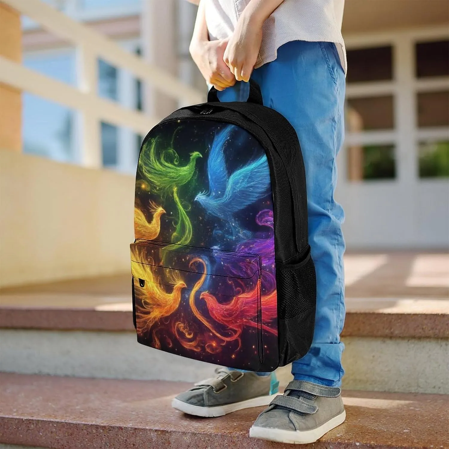 Women Men Polyester Colorful Fire Flame Birds Black Art Casual Daypack Large Capacity Bookbag With Side Pockets for Sports Picnic Walking Cycling