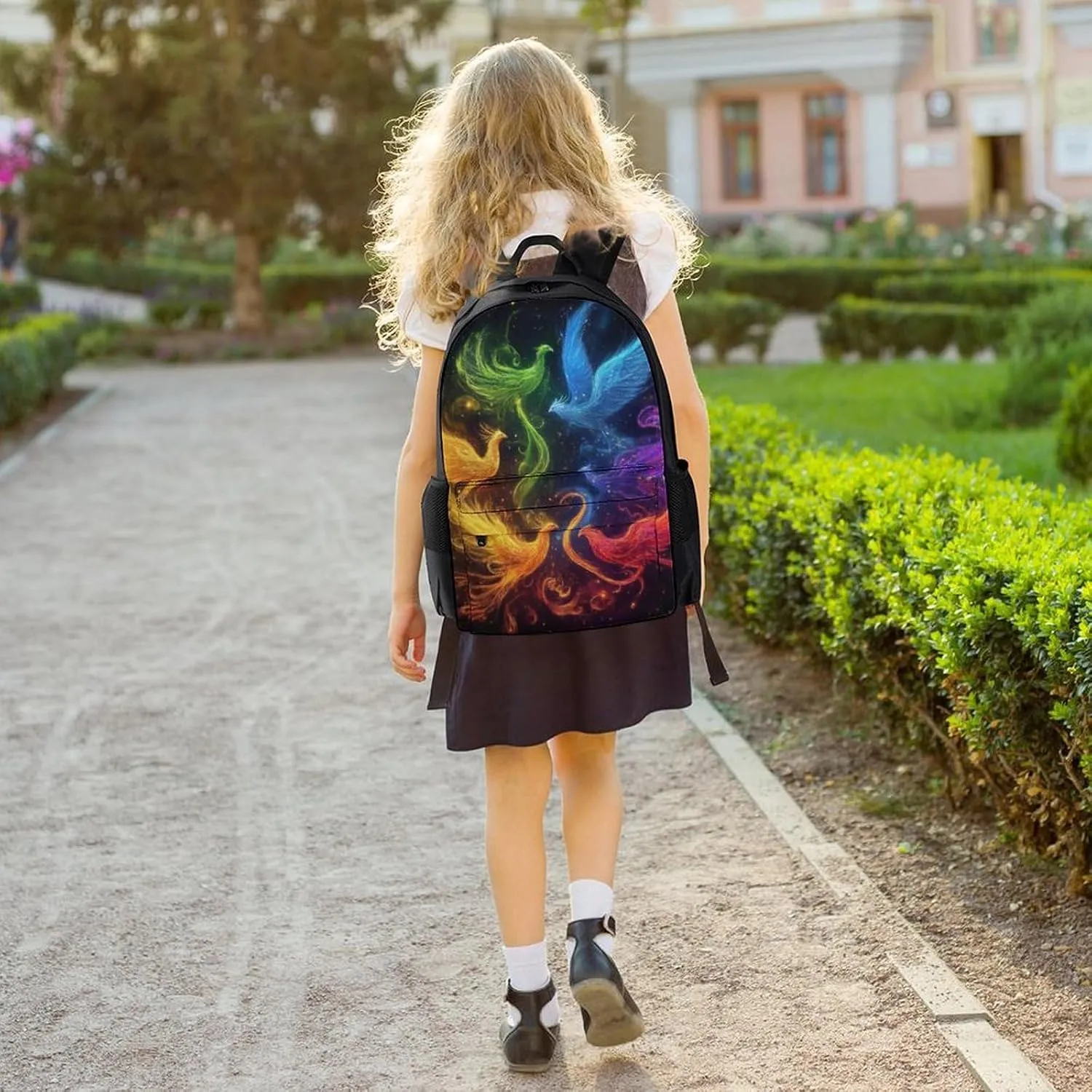 Women Men Polyester Colorful Fire Flame Birds Black Art Casual Daypack Large Capacity Bookbag With Side Pockets for Sports Picnic Walking Cycling