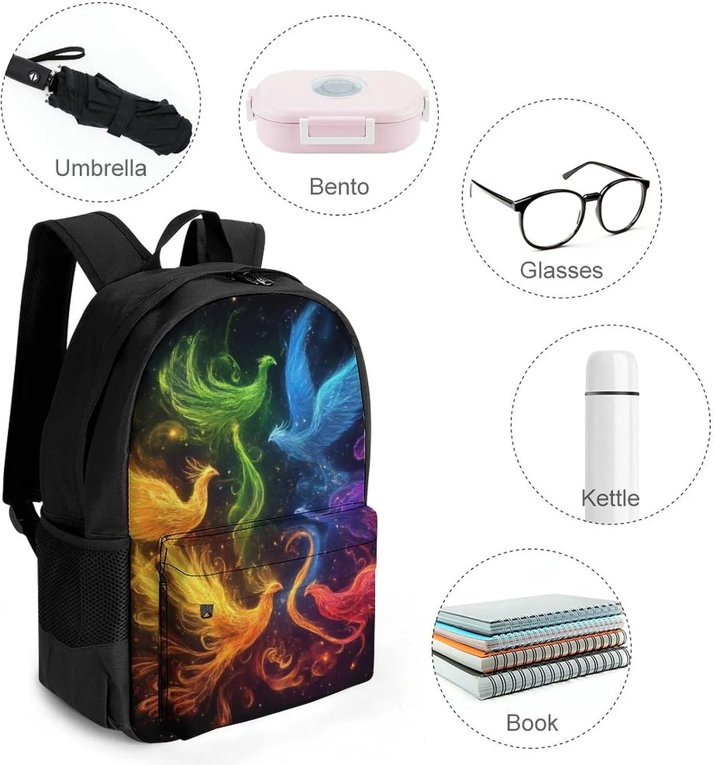 Women Men Polyester Colorful Fire Flame Birds Black Art Casual Daypack Large Capacity Bookbag With Side Pockets for Sports Picnic Walking Cycling