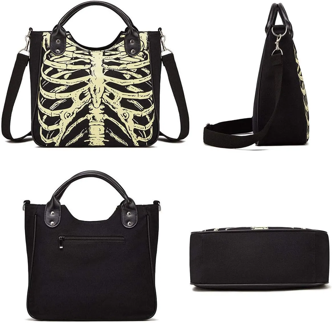 Women Punk Rivet Handbag Purse Canvas Tote Shoulder Crossbody Bag Large Capacity Satchel Black