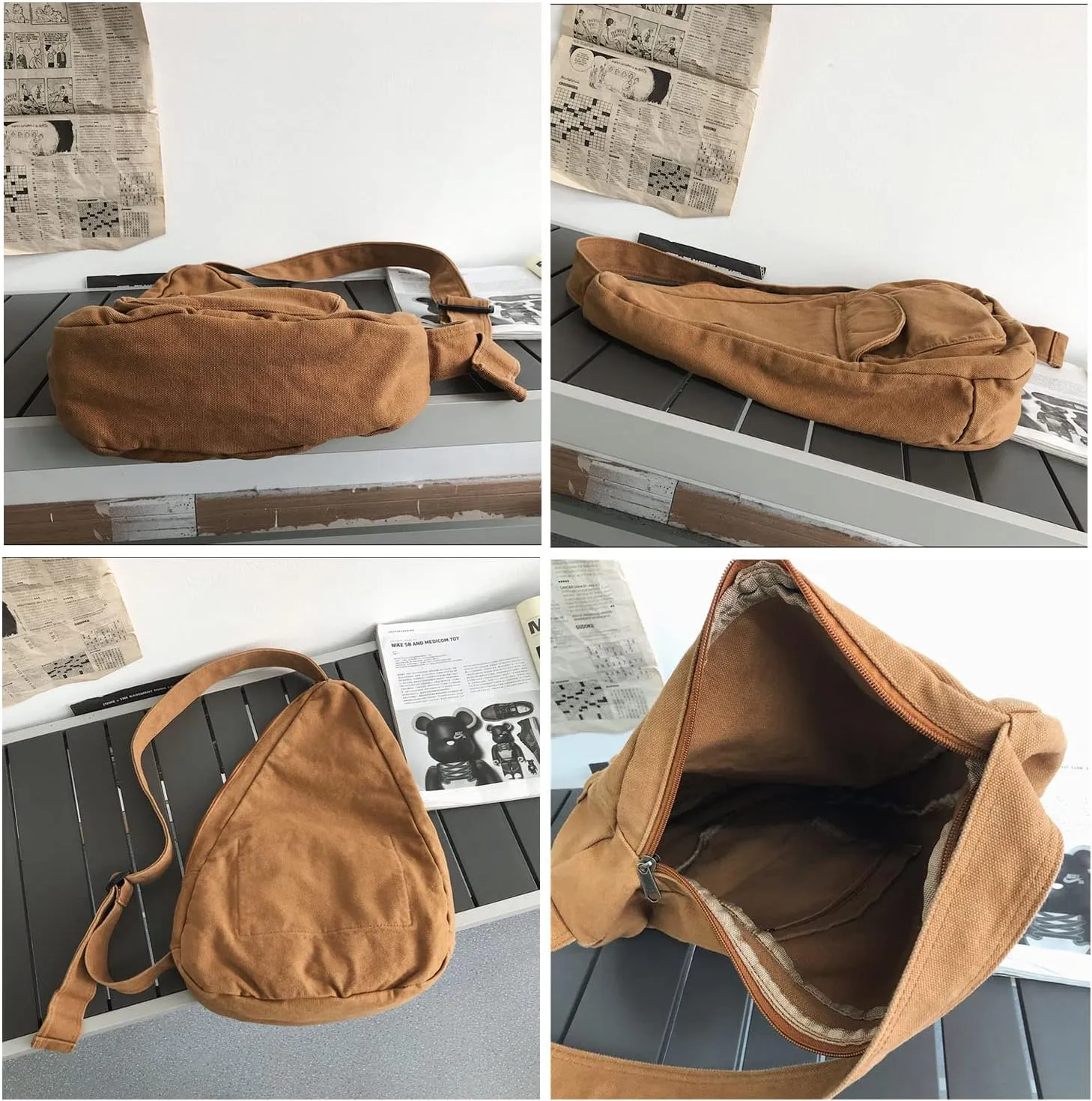 Women's Canvas Crossbody Bag Vintage Wash Zipper Shoulder Bag Men's and Women's Casual Crossbody Bag