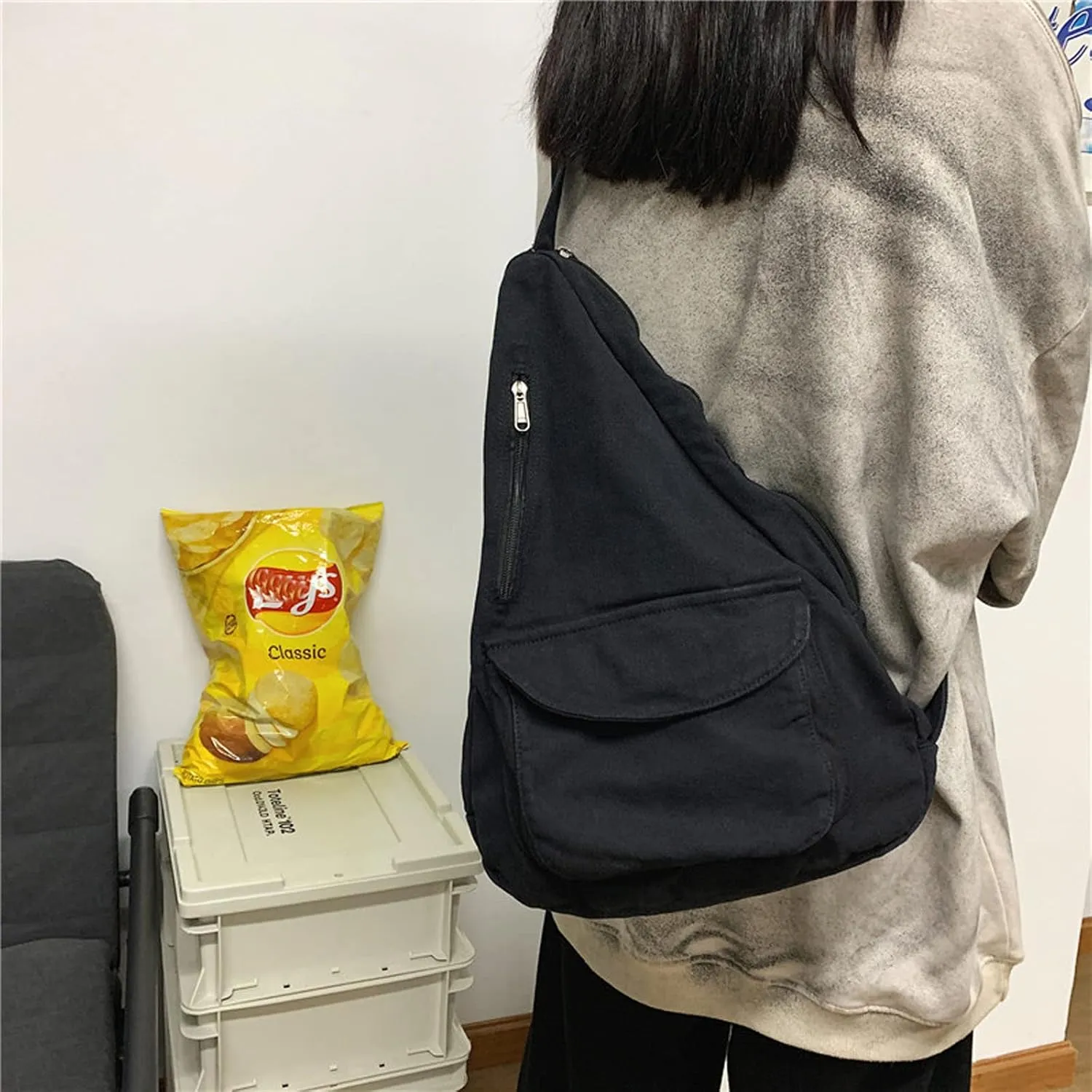 Women's Canvas Crossbody Bag Vintage Wash Zipper Shoulder Bag Women's Large Capacity Casual Crossbody Bag