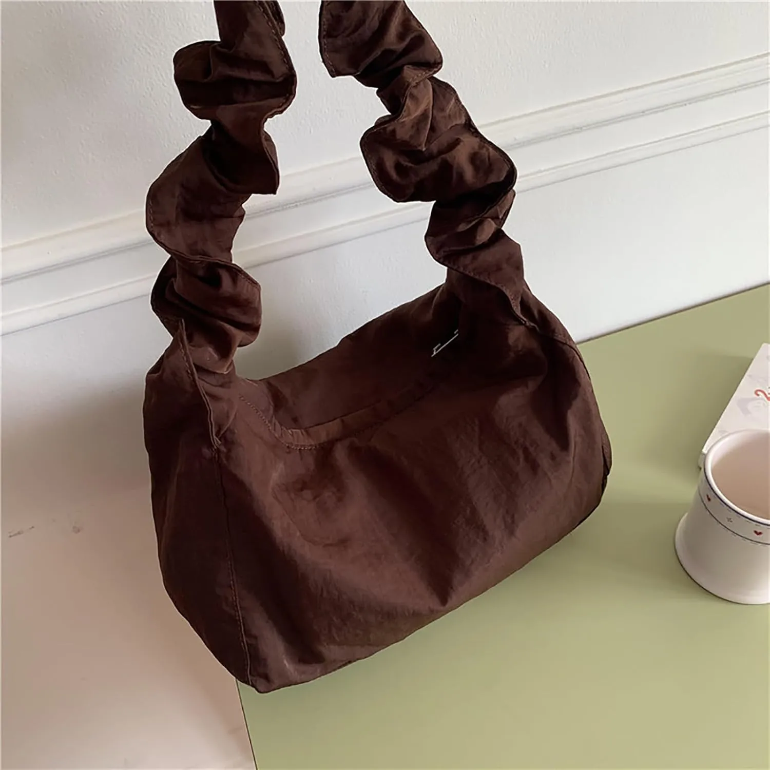 Women's Canvas Shoulder Bag Single Shoulder Ruched Drawstring Canvas Tote Fresh Literary Style Crossbody Handbag (White)