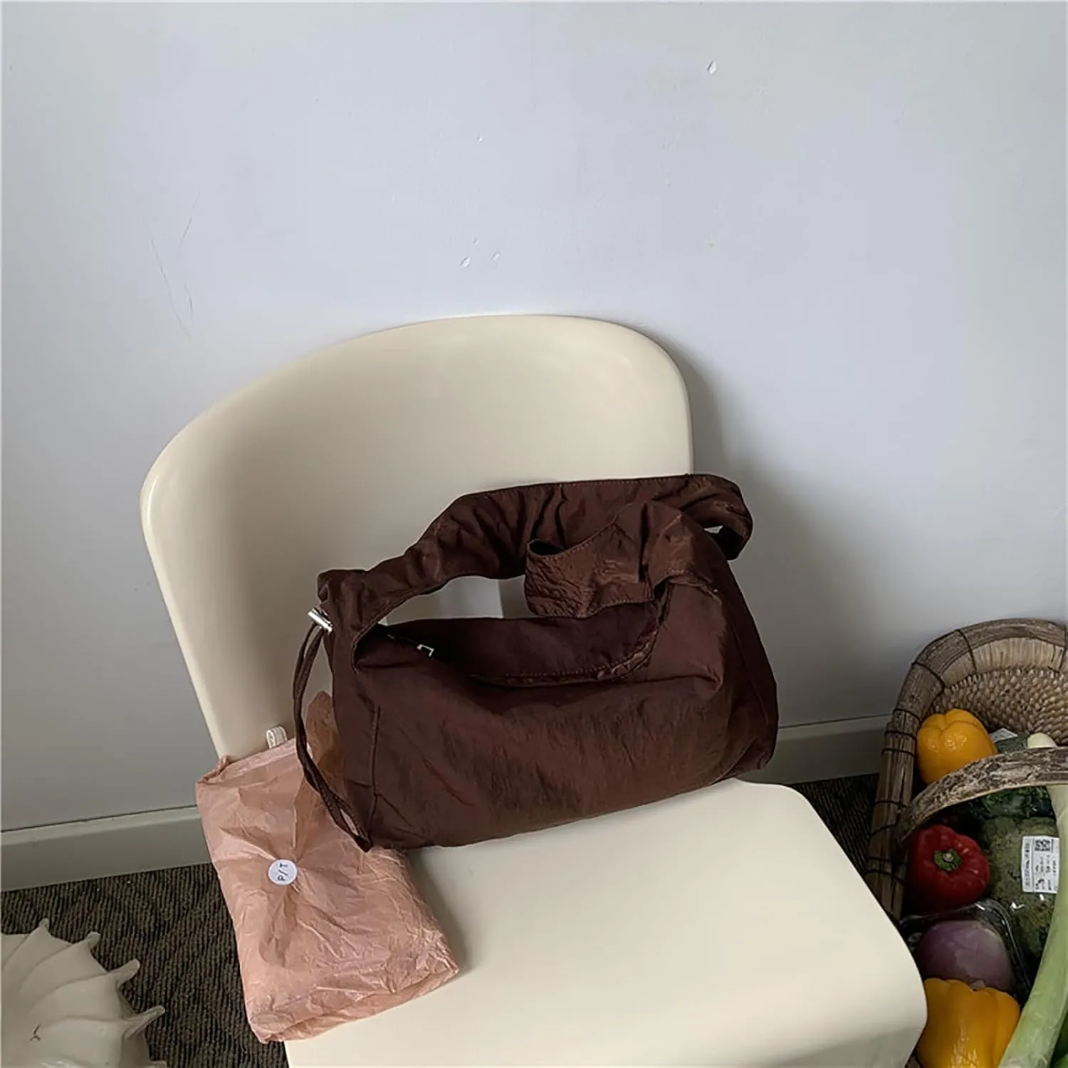 Women's Canvas Shoulder Bag Single Shoulder Ruched Drawstring Canvas Tote Fresh Literary Style Crossbody Handbag (White)