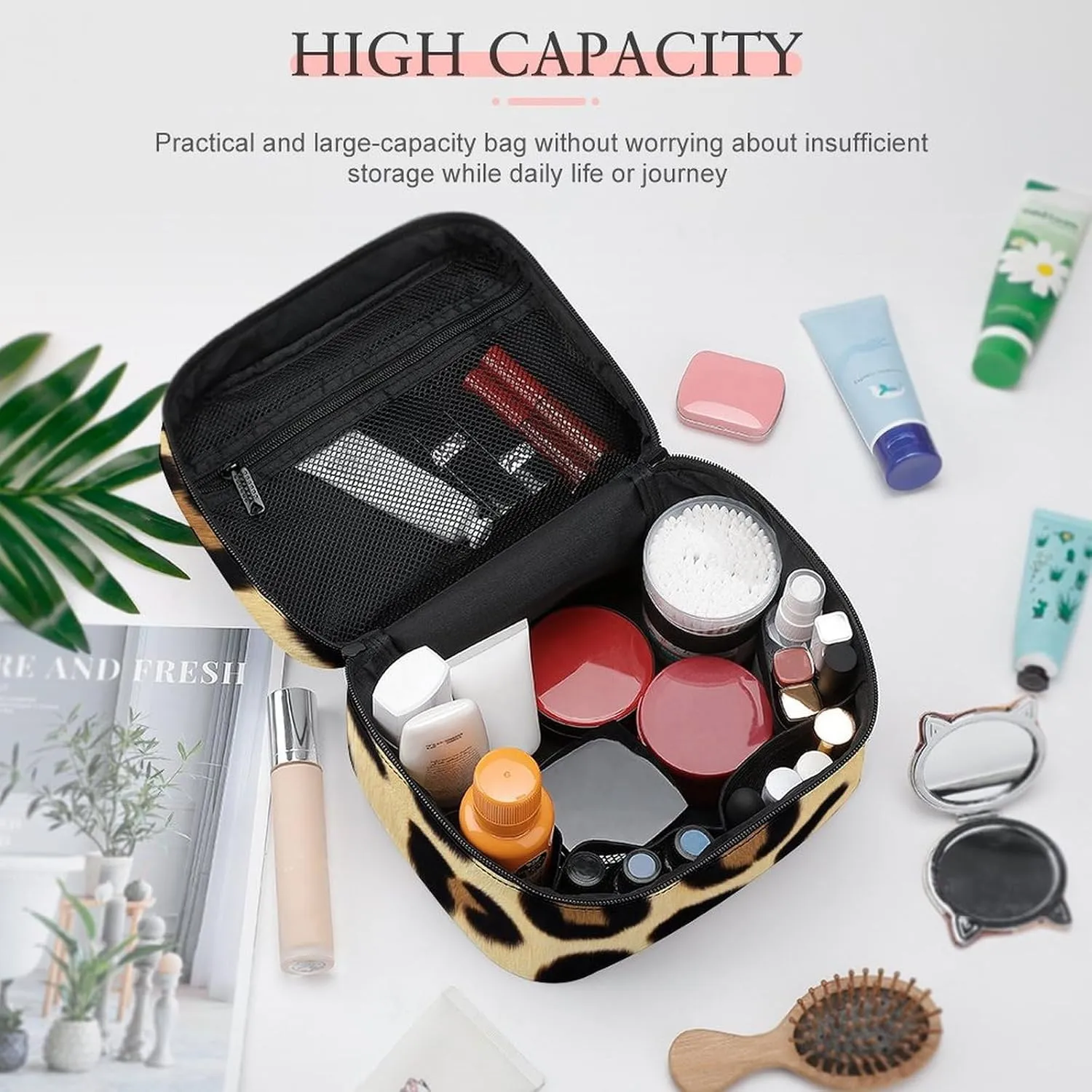 Women's Large Makeup Bag, Portable Cosmetic Brush Bags Wild Animal Cheetah Leopard Print Makeup Organizer Case Travel Toiletry Accessories