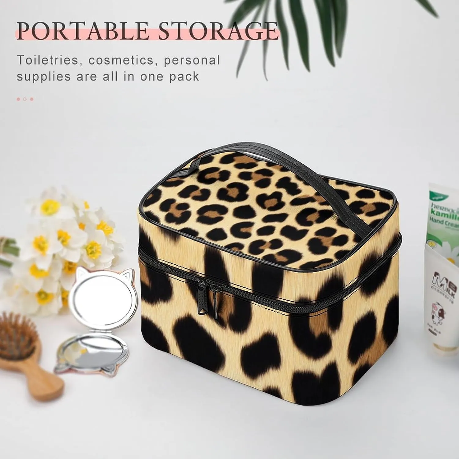 Women's Large Makeup Bag, Portable Cosmetic Brush Bags Wild Animal Cheetah Leopard Print Makeup Organizer Case Travel Toiletry Accessories