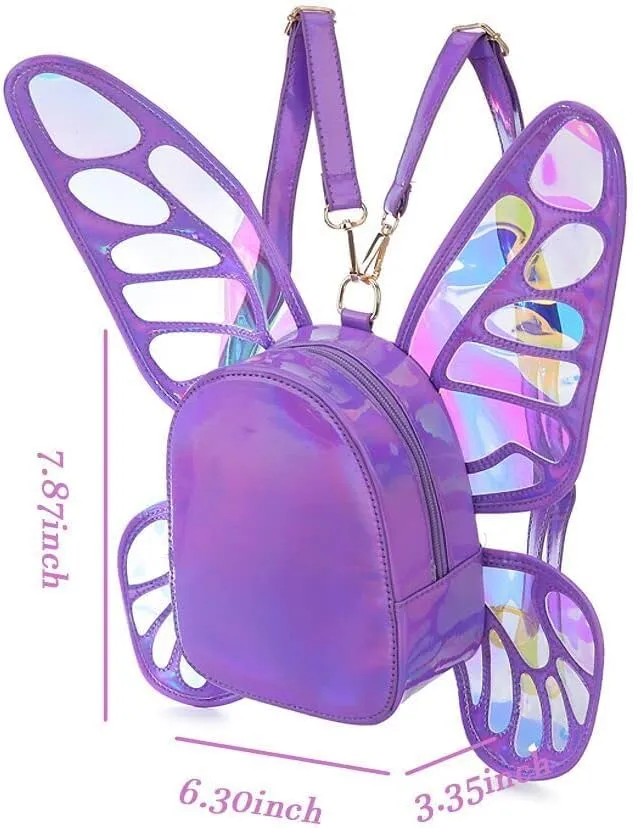 Women's Laser Holographic Backpack Butterfly Angel Wings Casual Daypack Shoulder Bag