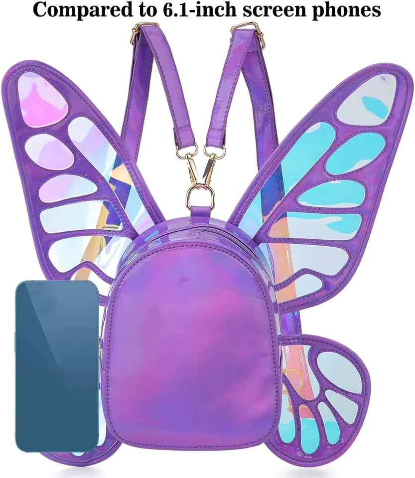 Women's Laser Holographic Backpack Butterfly Angel Wings Casual Daypack Shoulder Bag