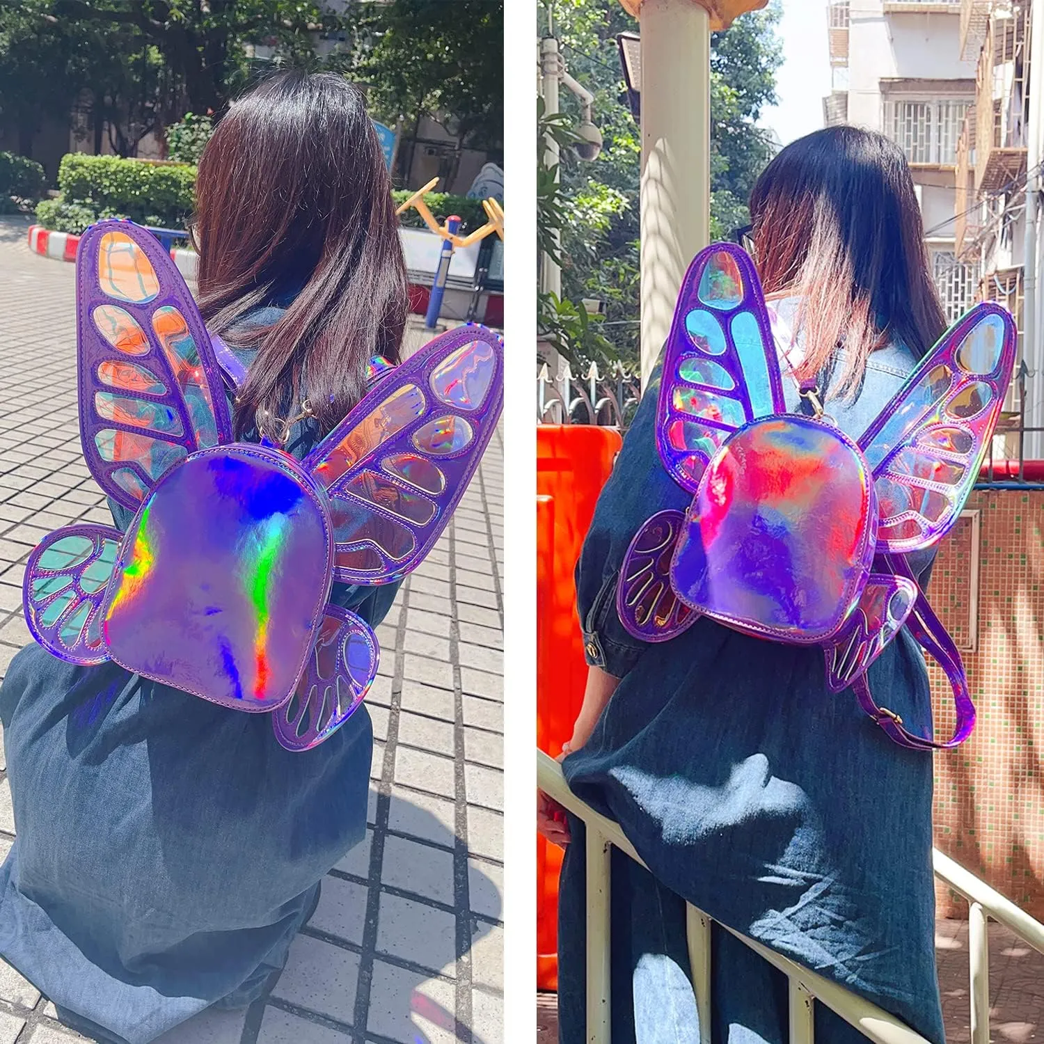 Women's Laser Holographic Backpack Butterfly Angel Wings Casual Daypack Shoulder Bag
