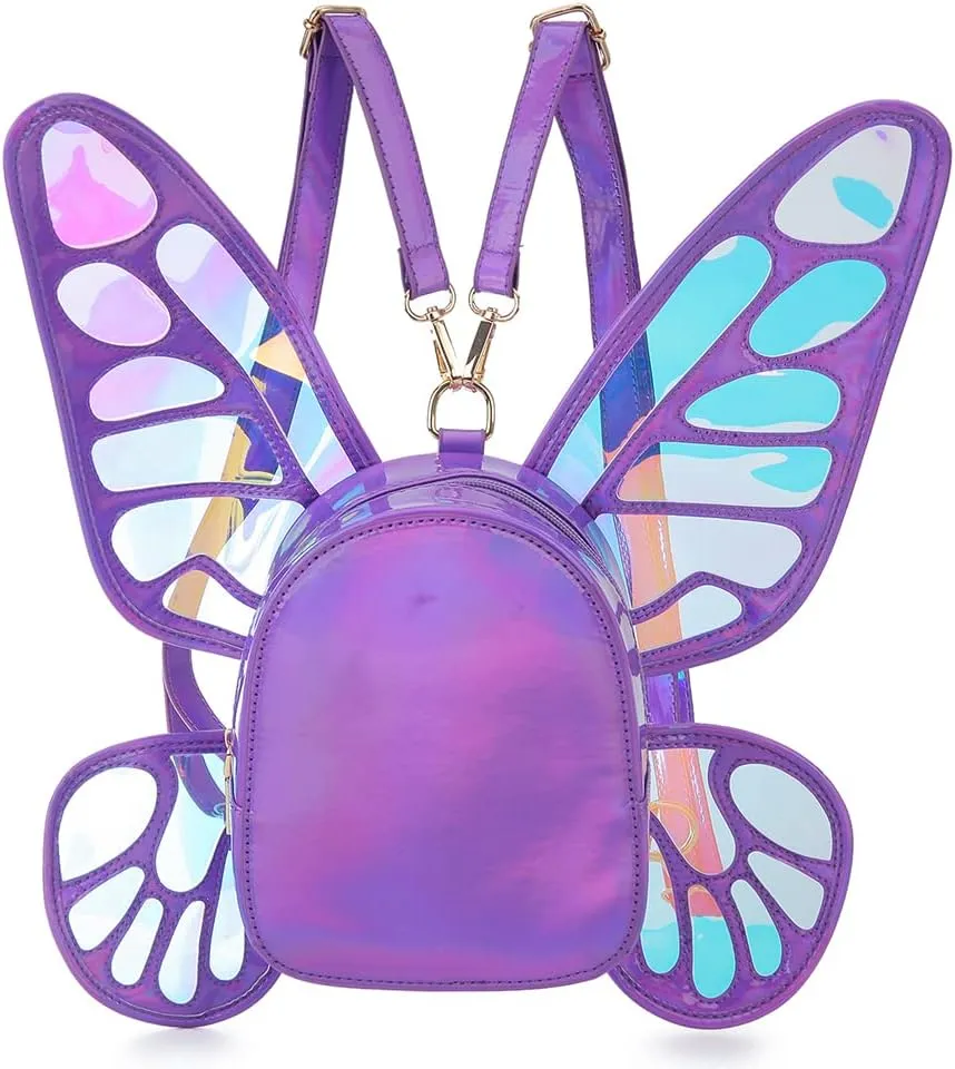 Women's Laser Holographic Backpack Butterfly Angel Wings Casual Daypack Shoulder Bag