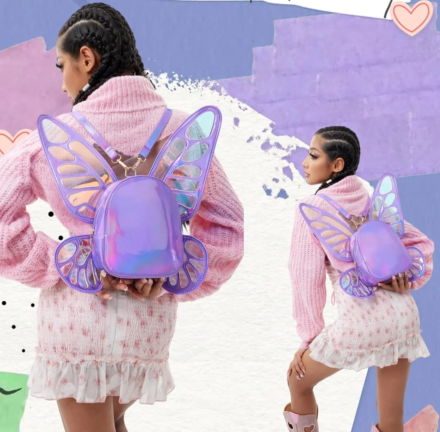 Women's Laser Holographic Backpack Butterfly Angel Wings Casual Daypack Shoulder Bag