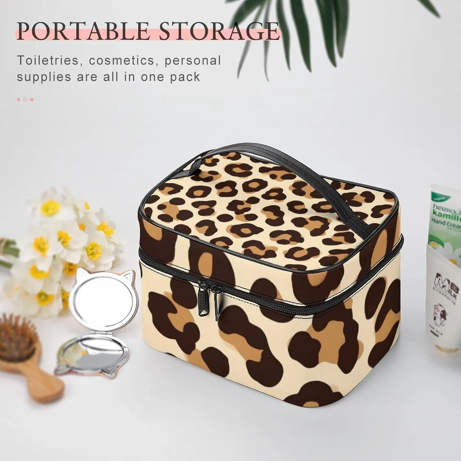 Women's Portable Makeup Bag, Travel Large Cosmetic Storage Case Cool Cheetah Leopard Print Toiletry Organizer Bag with Zipper Pouch