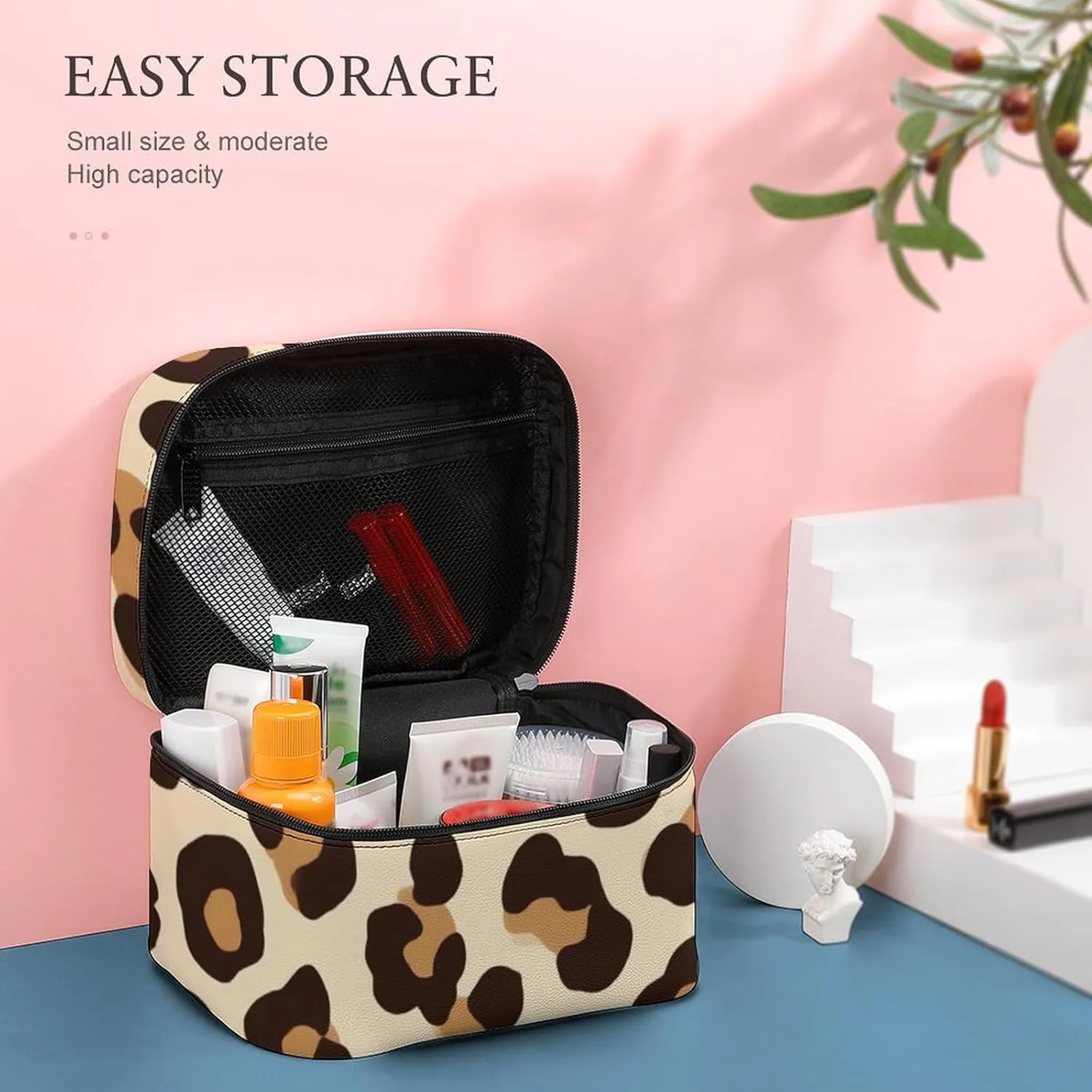 Women's Portable Makeup Bag, Travel Large Cosmetic Storage Case Cool Cheetah Leopard Print Toiletry Organizer Bag with Zipper Pouch
