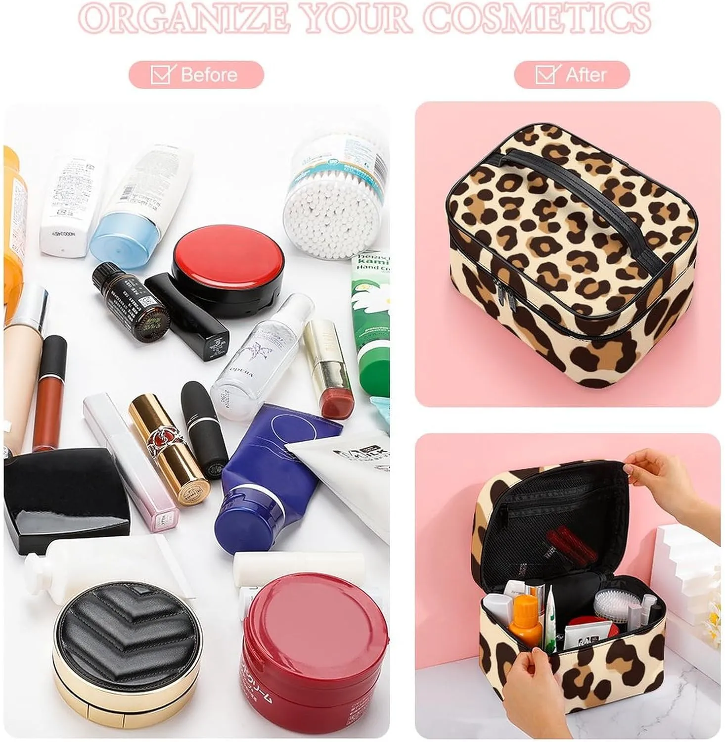 Women's Portable Makeup Bag, Travel Large Cosmetic Storage Case Cool Cheetah Leopard Print Toiletry Organizer Bag with Zipper Pouch