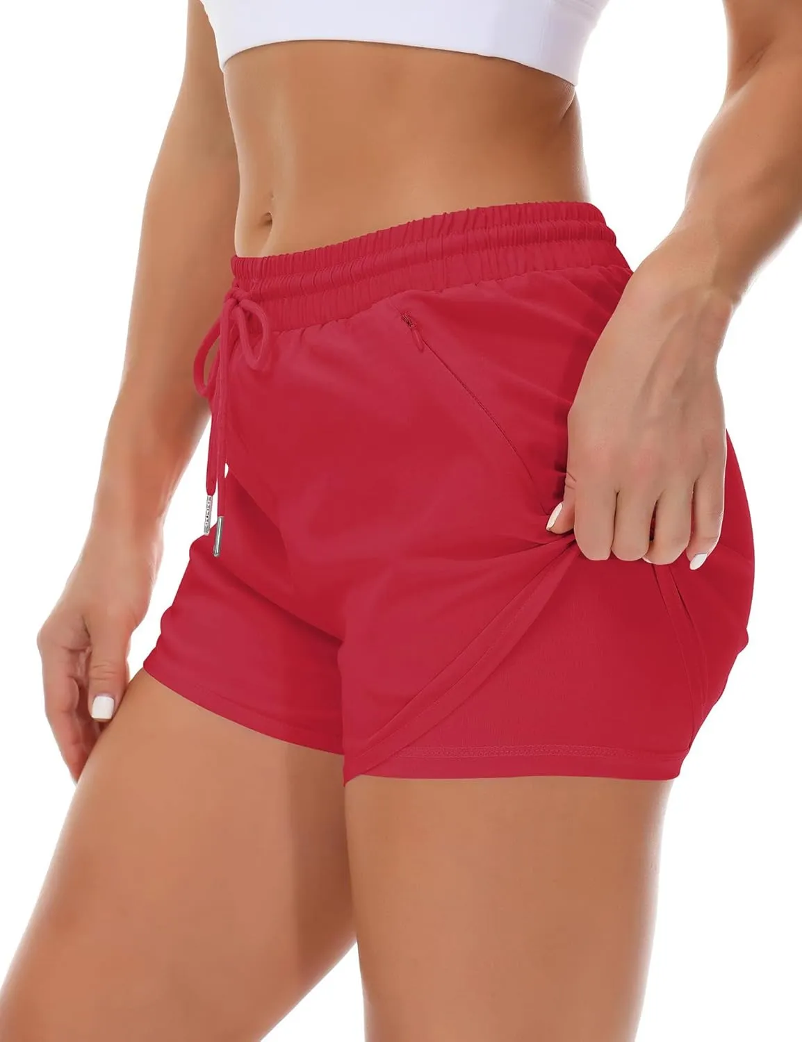 Women's Running Shorts with Liner 3 Zipper Pockets Elastic Workout Athletic Gym Yoga Shorts
