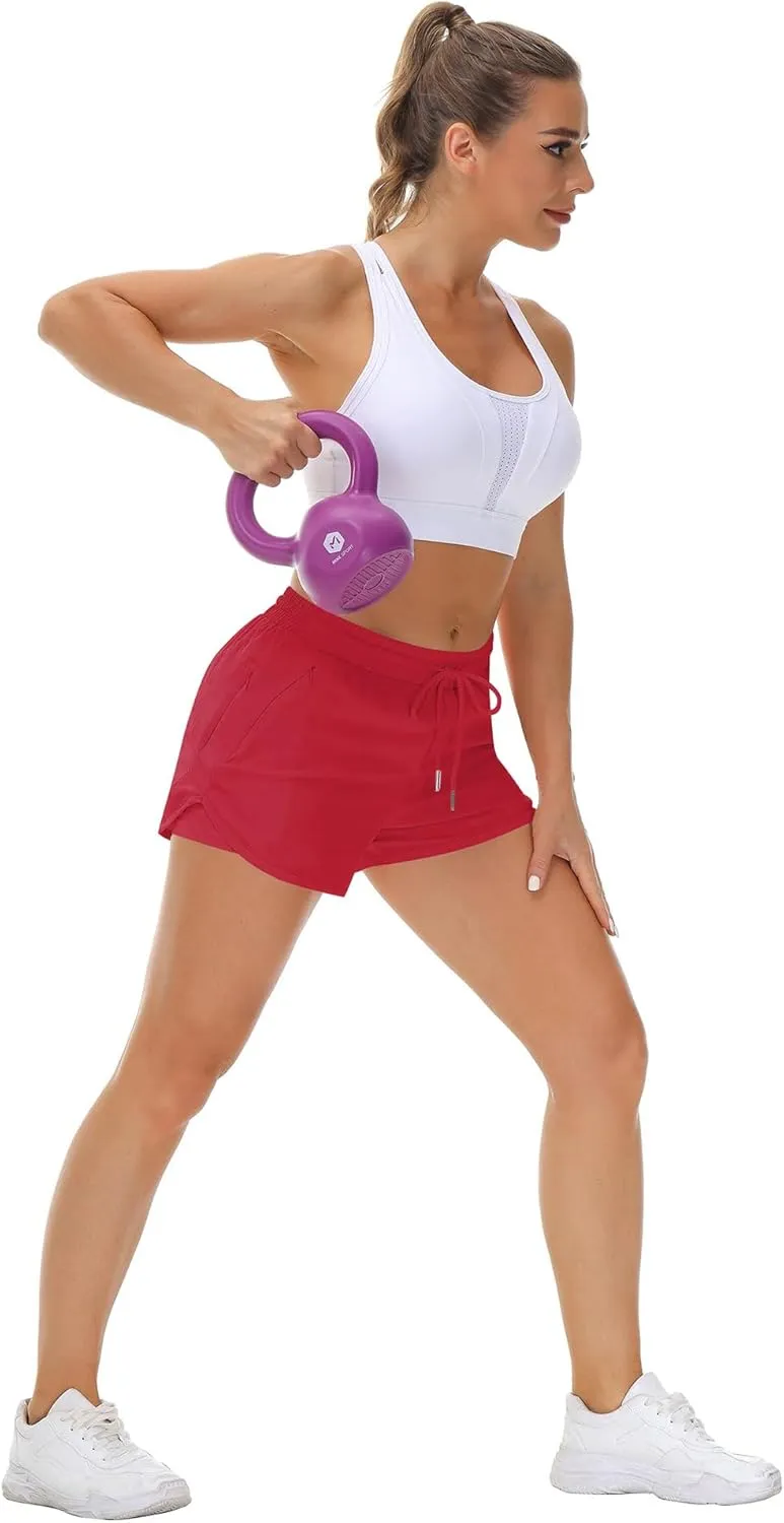 Women's Running Shorts with Liner 3 Zipper Pockets Elastic Workout Athletic Gym Yoga Shorts