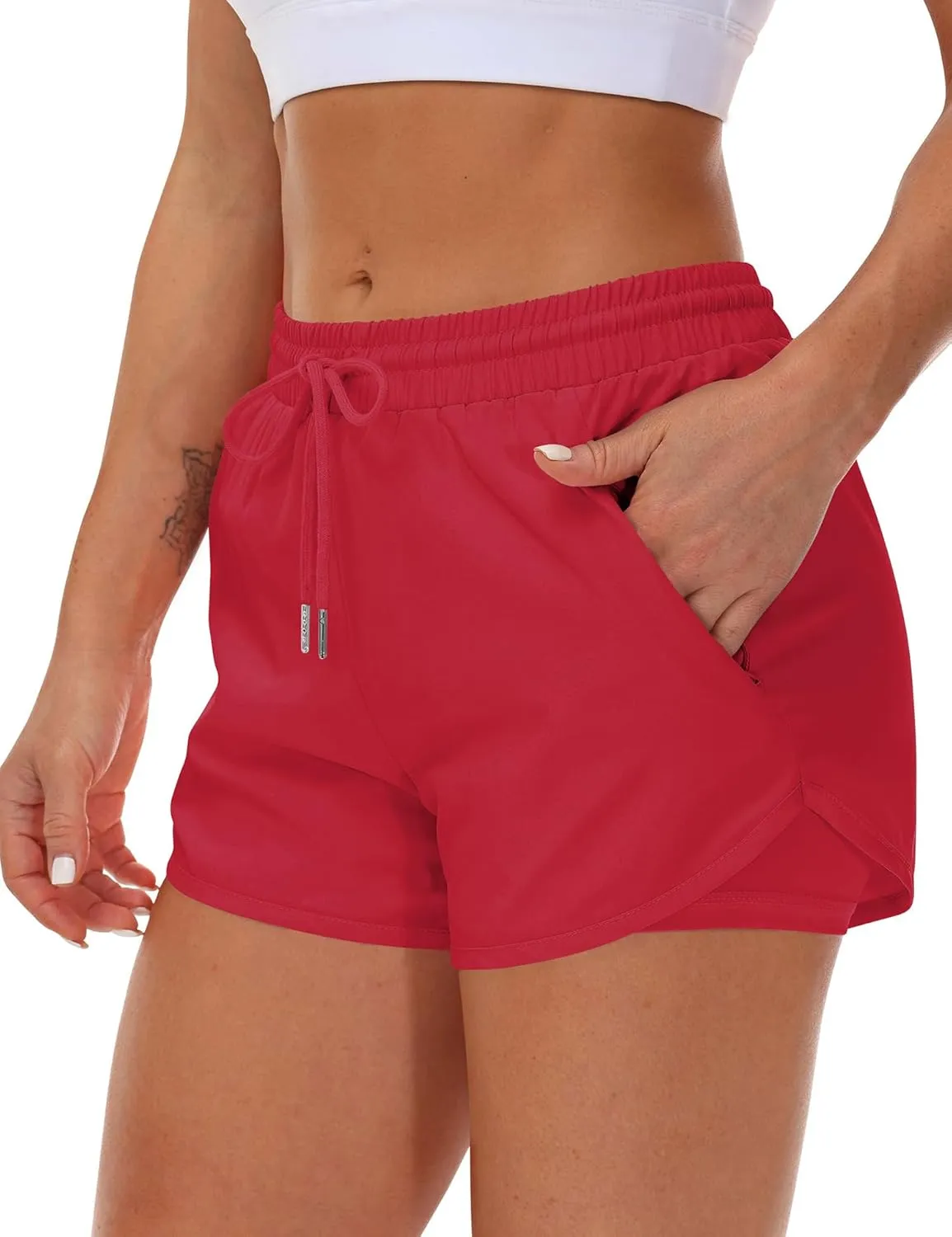 Women's Running Shorts with Liner 3 Zipper Pockets Elastic Workout Athletic Gym Yoga Shorts