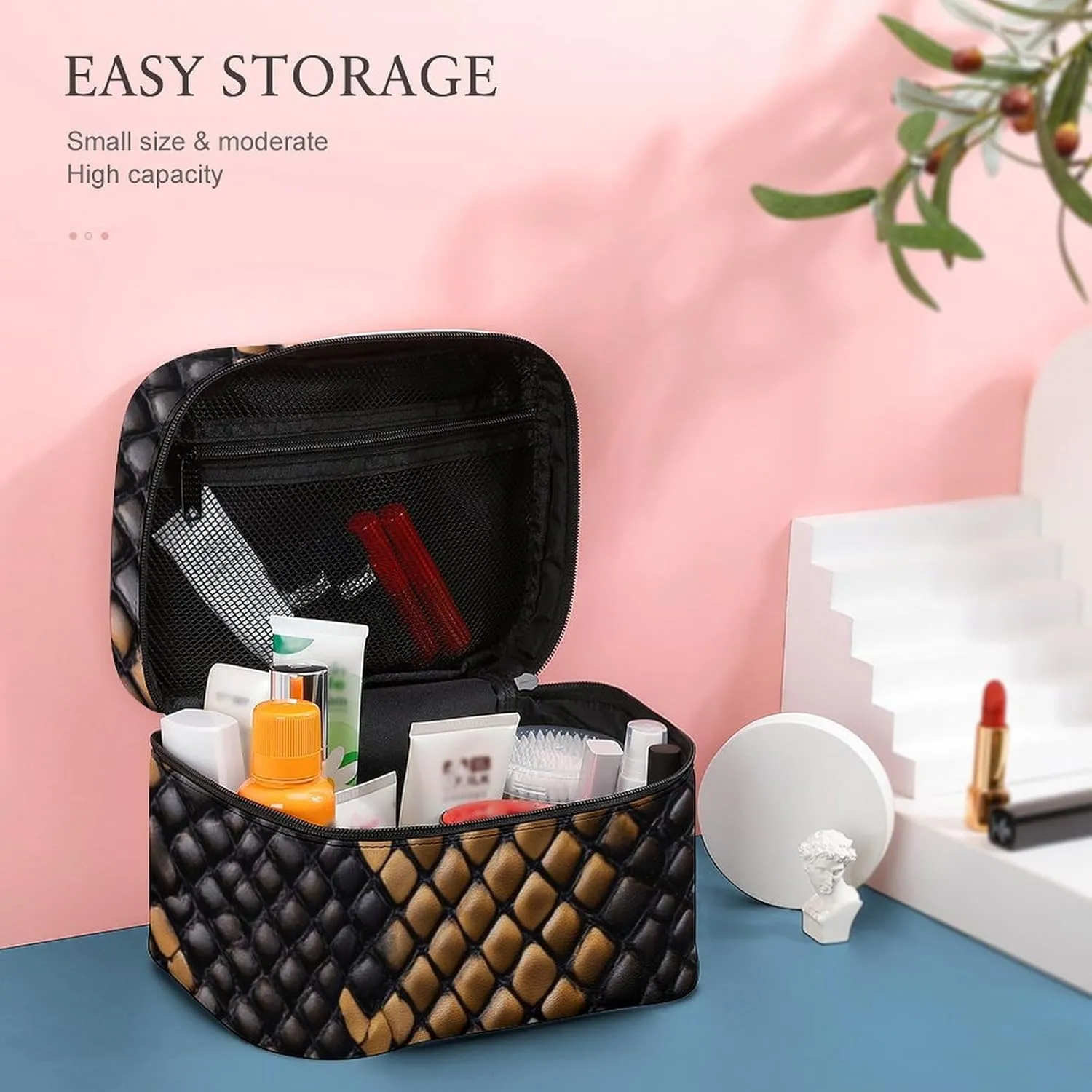 Women's Travel Makeup Bag, Large Capacity Cosmetic Organizer Case Cool Snake Skin Brown Toiletry Bag with Zipper Pouch