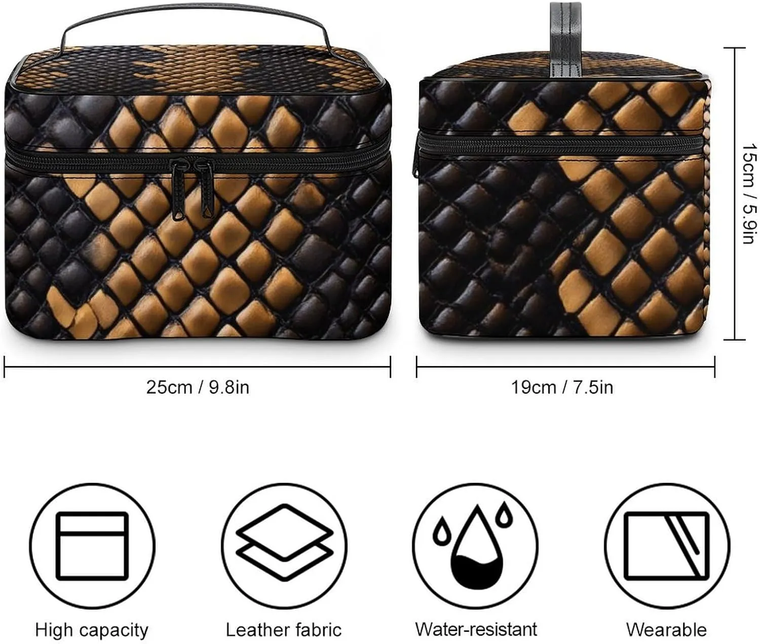 Women's Travel Makeup Bag, Large Capacity Cosmetic Organizer Case Cool Snake Skin Brown Toiletry Bag with Zipper Pouch