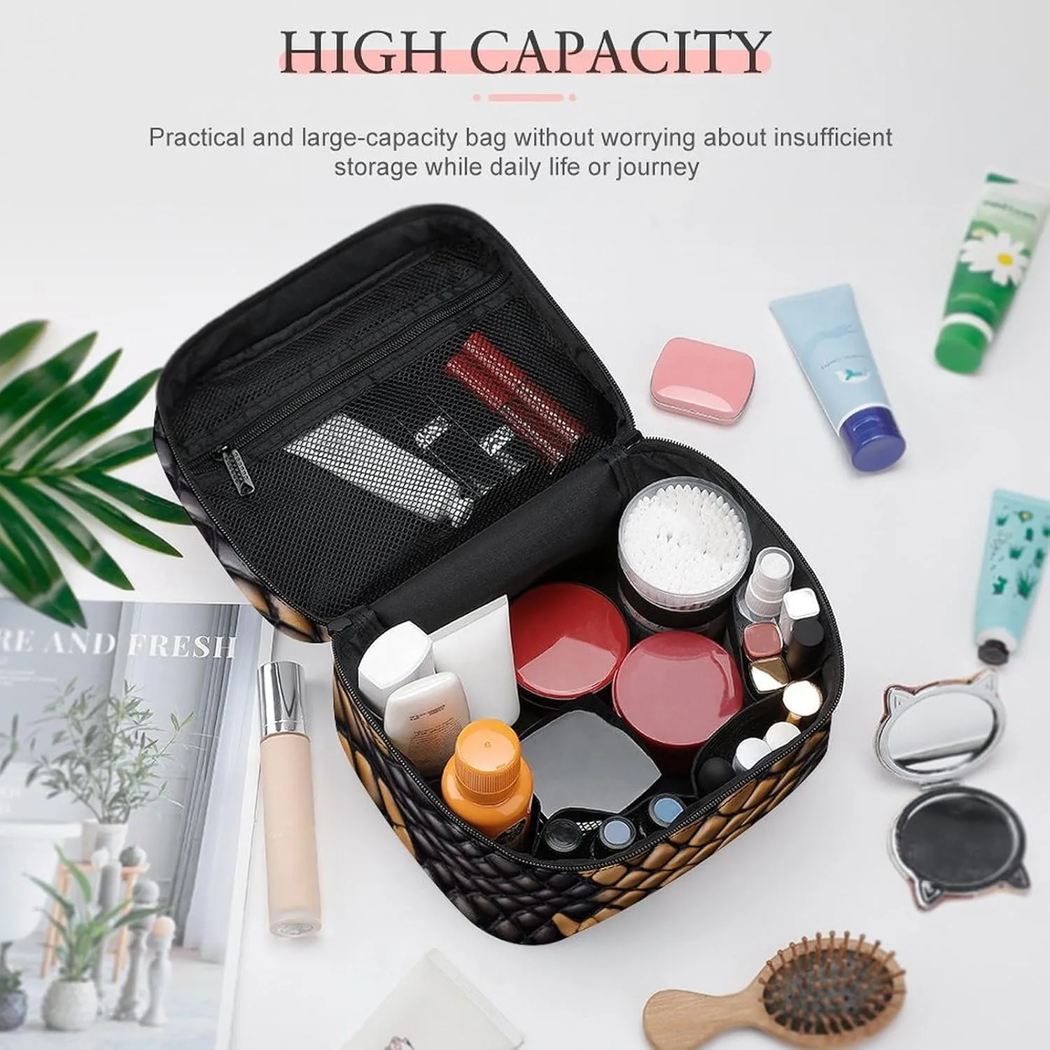 Women's Travel Makeup Bag, Large Capacity Cosmetic Organizer Case Cool Snake Skin Brown Toiletry Bag with Zipper Pouch
