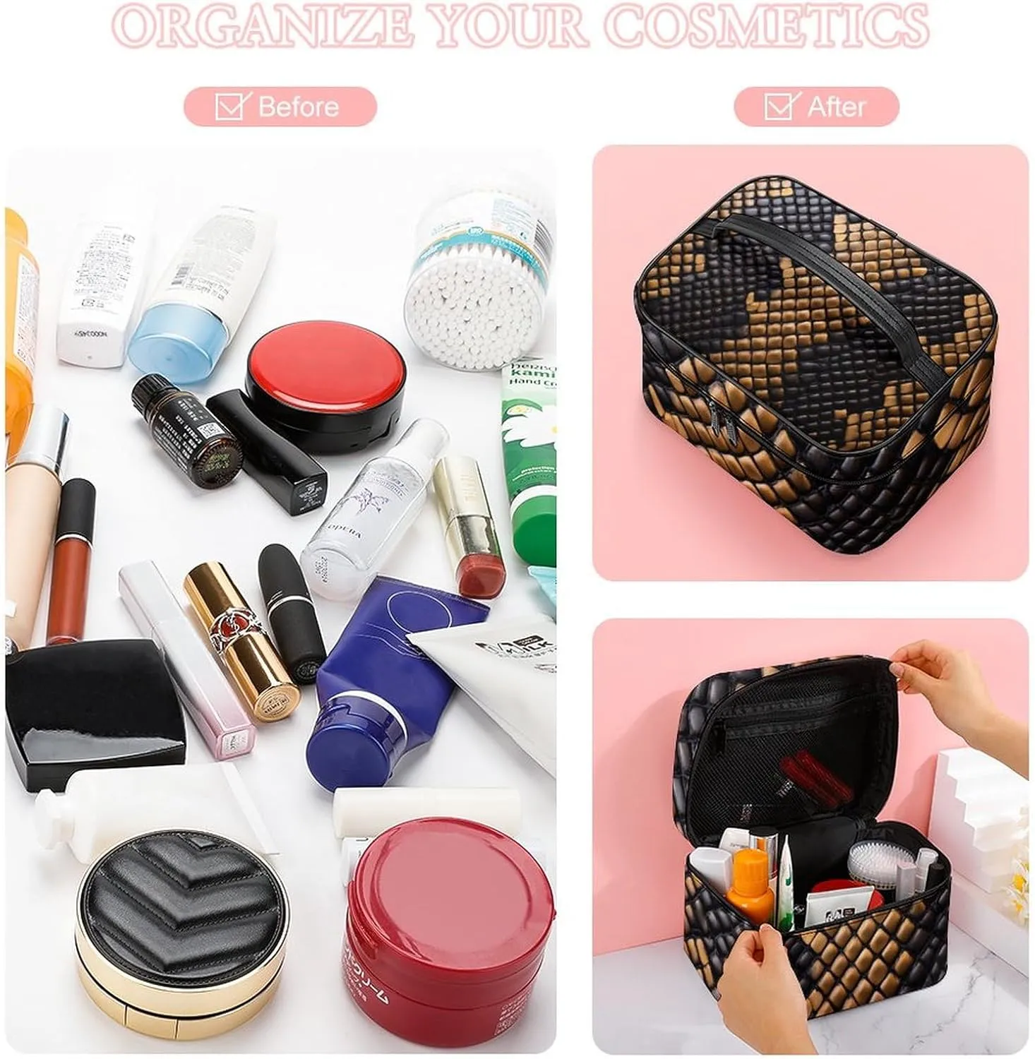 Women's Travel Makeup Bag, Large Capacity Cosmetic Organizer Case Cool Snake Skin Brown Toiletry Bag with Zipper Pouch