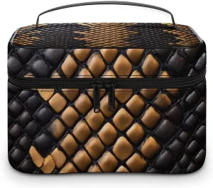 Women's Travel Makeup Bag, Large Capacity Cosmetic Organizer Case Cool Snake Skin Brown Toiletry Bag with Zipper Pouch