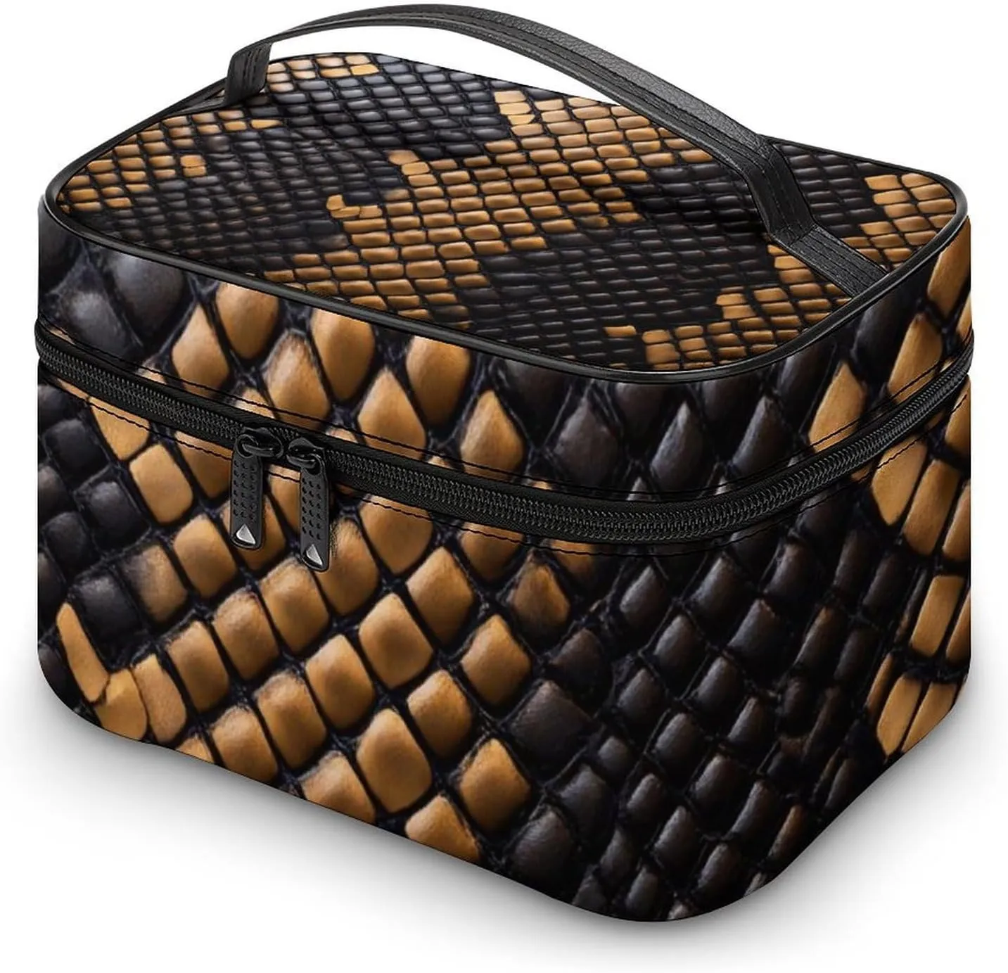 Women's Travel Makeup Bag, Large Capacity Cosmetic Organizer Case Cool Snake Skin Brown Toiletry Bag with Zipper Pouch