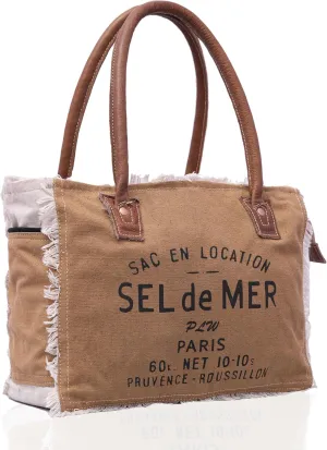 Women's Vintage Cowhide Leather Canvas Crossbody Tote | Multi-Pocket Upcycled Handbag, Shopping & Laptop Bag for Travel
