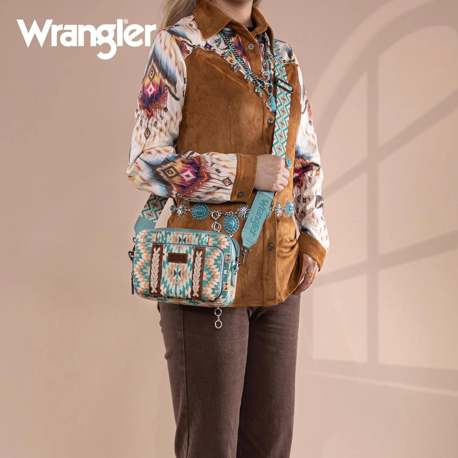 Wrangler Crossbody Bag for Women Boho Aztec Small Multi Pocket Crossover Purse