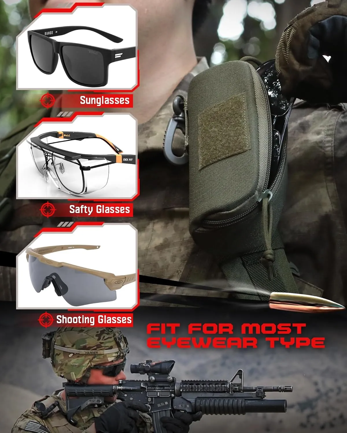 WYNEX Tactical Molle Glasses Pouch, Shockproof Eyeglasses Case Hard Shell, Sunglasses Case with Clip and Zipper, Protective Box with Flag Patch, for Most Glasses, Sunglasses, Goggles