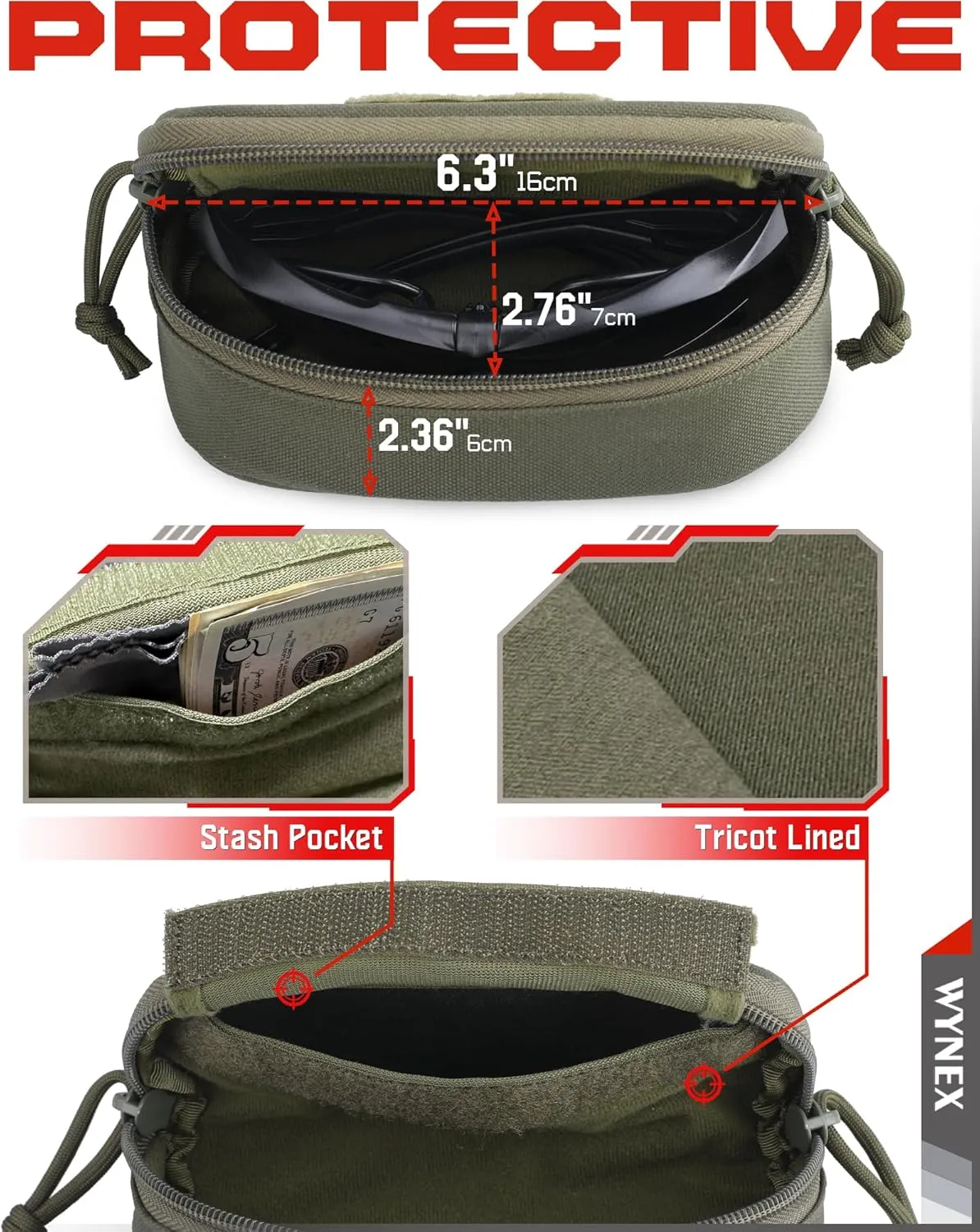 WYNEX Tactical Molle Glasses Pouch, Shockproof Eyeglasses Case Hard Shell, Sunglasses Case with Clip and Zipper, Protective Box with Flag Patch, for Most Glasses, Sunglasses, Goggles