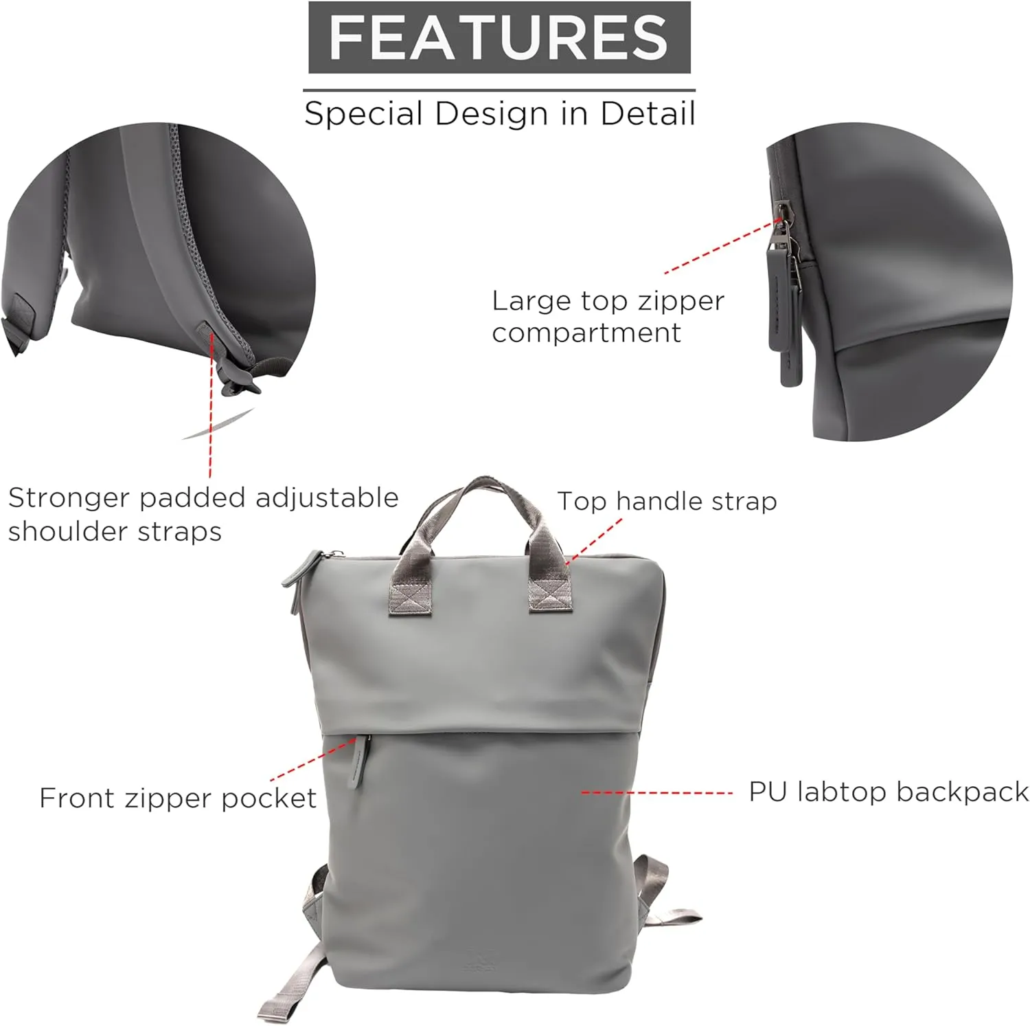 X RAY PU Leather Lightweight Laptop Backpack for Men and Women, Everyday Laptop Bag Capacity Adjustable 17L & Fits 15.6 Inch Screen, Charcoal