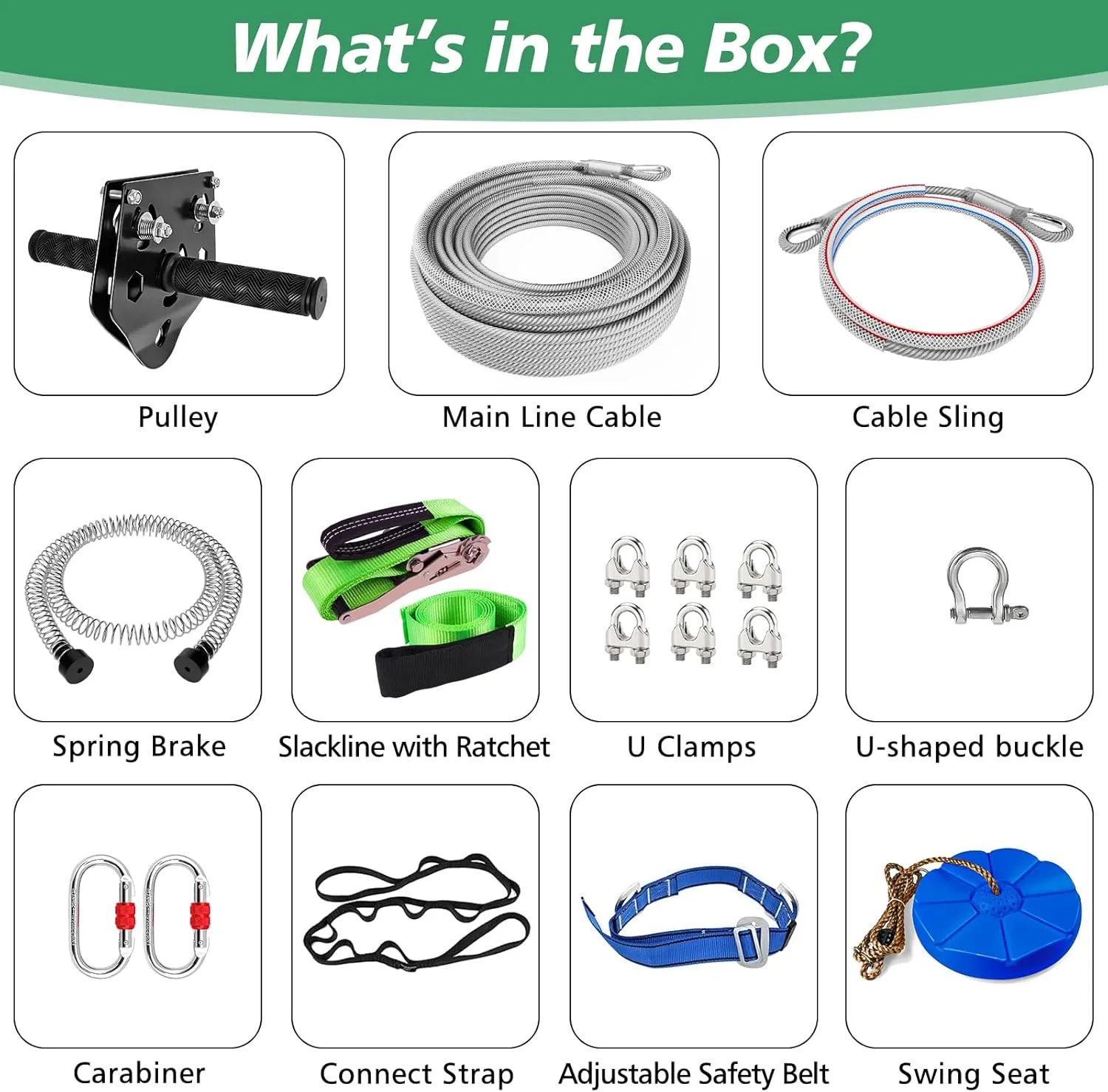 X XBEN Zip line Kit for Kids and Adults Outdoor: Up to 500Lbs - 100FT Quick Tighten Zipline for Backyard with Removable Trolley Swing Seat Spring Brake Ratchet Strap