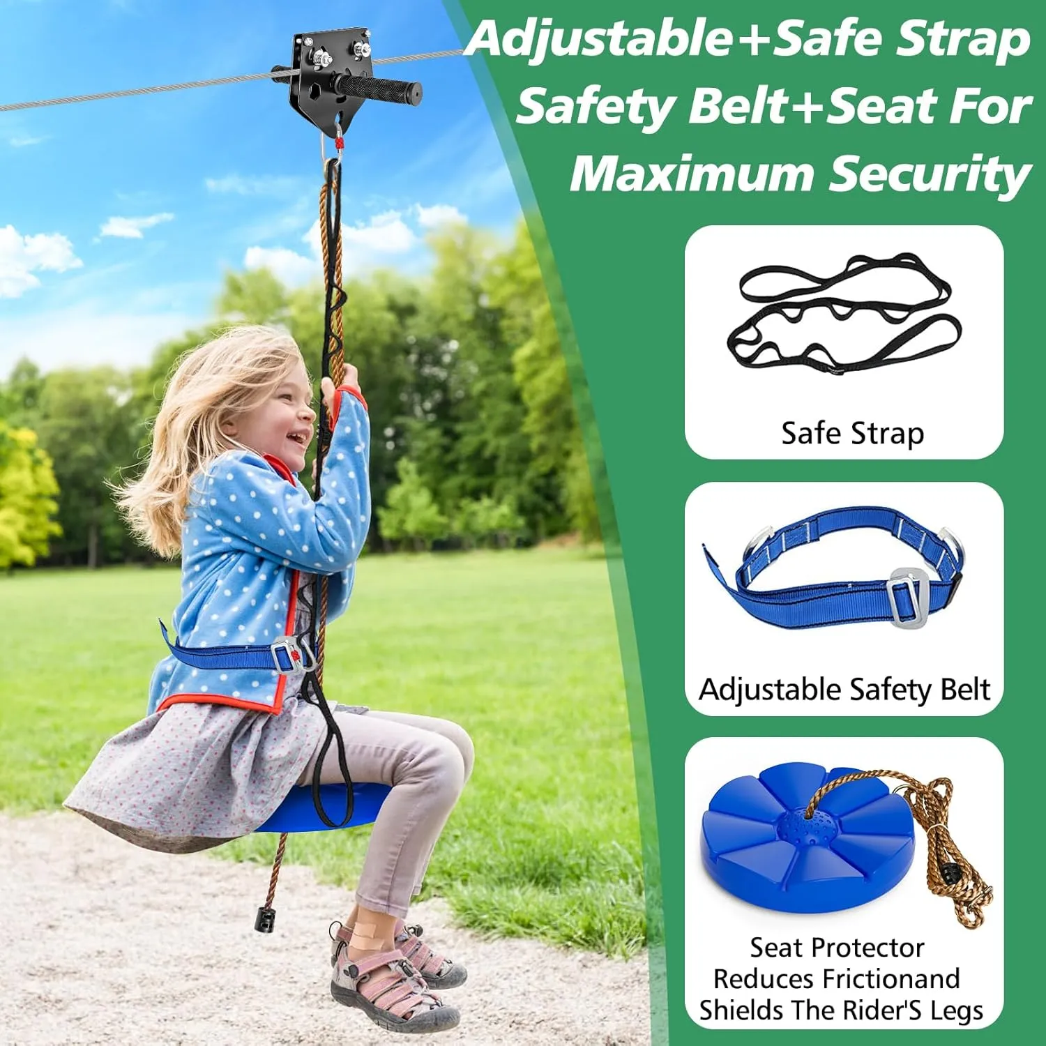 X XBEN Zip line Kit for Kids and Adults Outdoor: Up to 500Lbs - 100FT Quick Tighten Zipline for Backyard with Removable Trolley Swing Seat Spring Brake Ratchet Strap