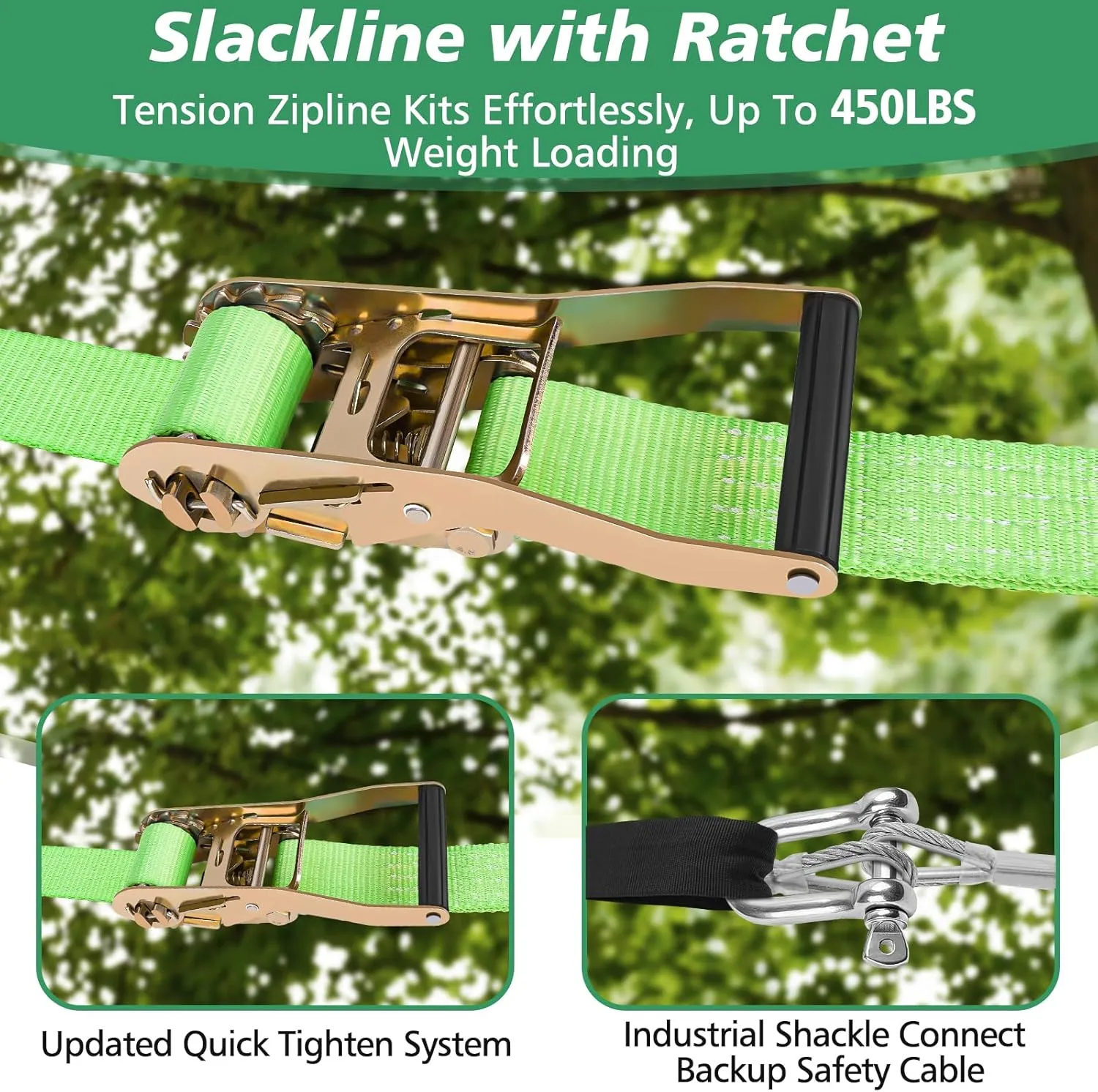 X XBEN Zip line Kit for Kids and Adults Outdoor: Up to 500Lbs - 100FT Quick Tighten Zipline for Backyard with Removable Trolley Swing Seat Spring Brake Ratchet Strap