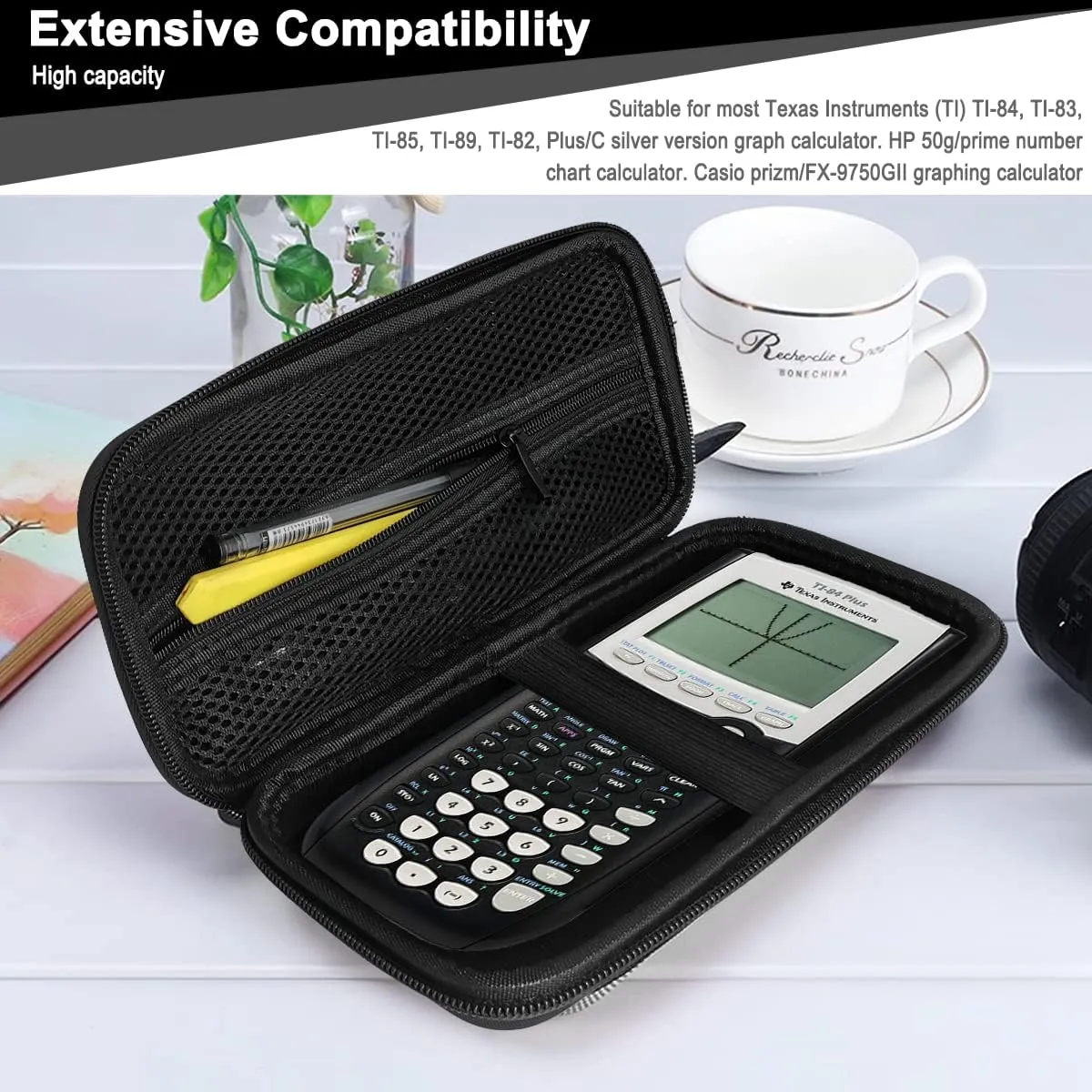 Xberstar Case for Texas Instruments TI-84 TI-83 Plus CE Graphing Calculators and More - Hard EVA Travel Carrying Shockproof Storage Bag (Pure Black)