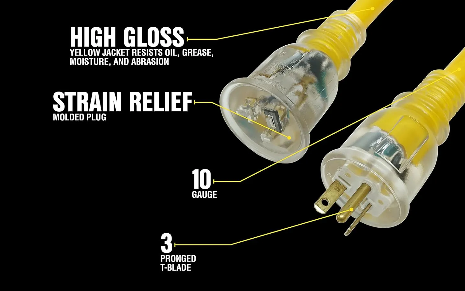 Yellow Jacket Super Heavy-Duty Extension Cord, 100 Ft 10 Gauge 3 Prong, 20-Amp with Lighted T-Blade Plug, Yellow, 2992