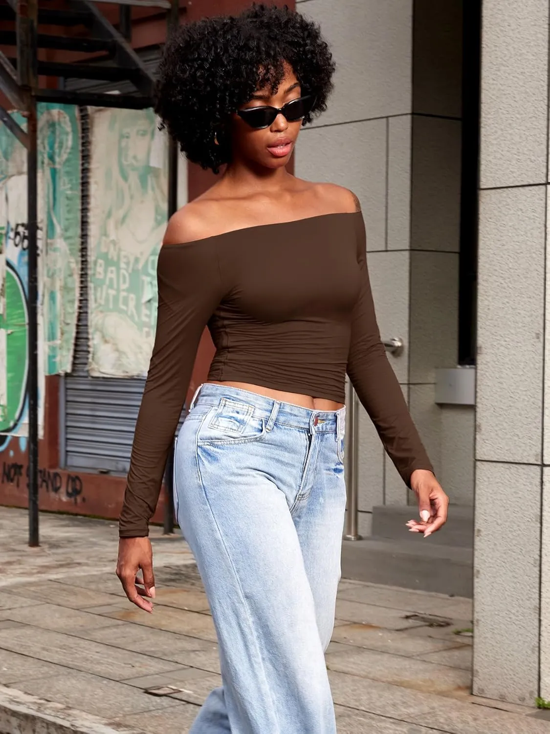 YEOREO Sophie Women Off Shoulder Long Sleeve Shirts Double Lined Basic Undershirt Y2K Going Out Tops