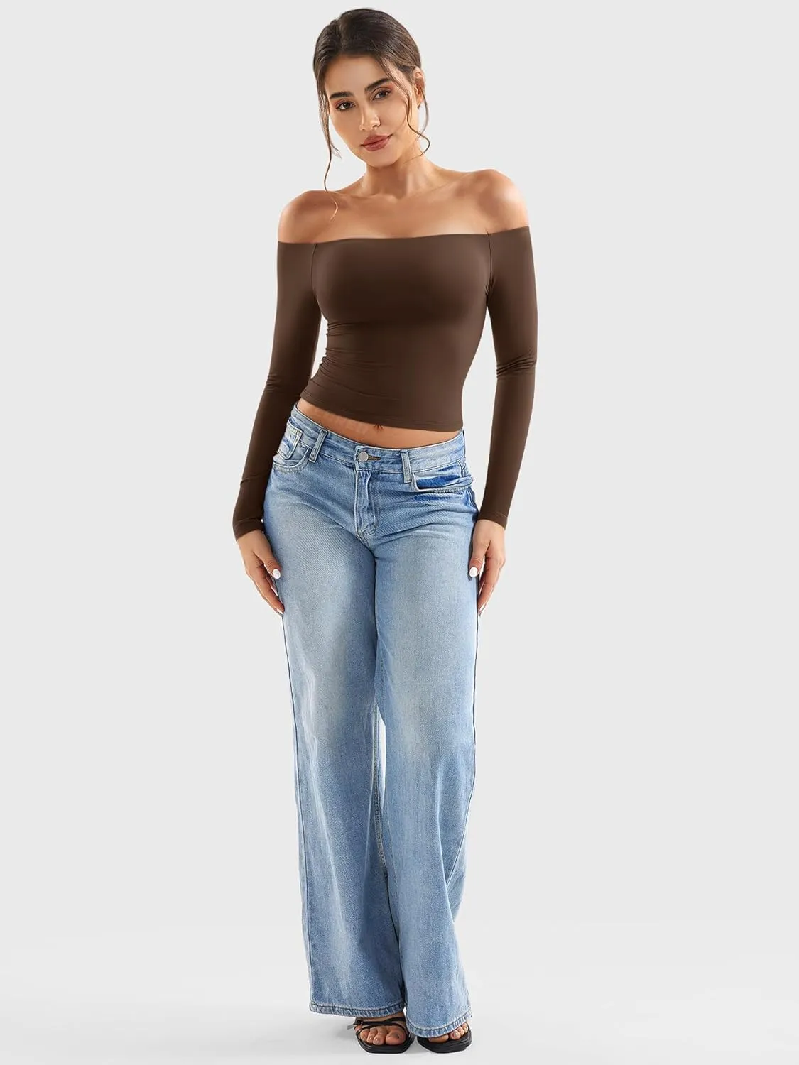 YEOREO Sophie Women Off Shoulder Long Sleeve Shirts Double Lined Basic Undershirt Y2K Going Out Tops