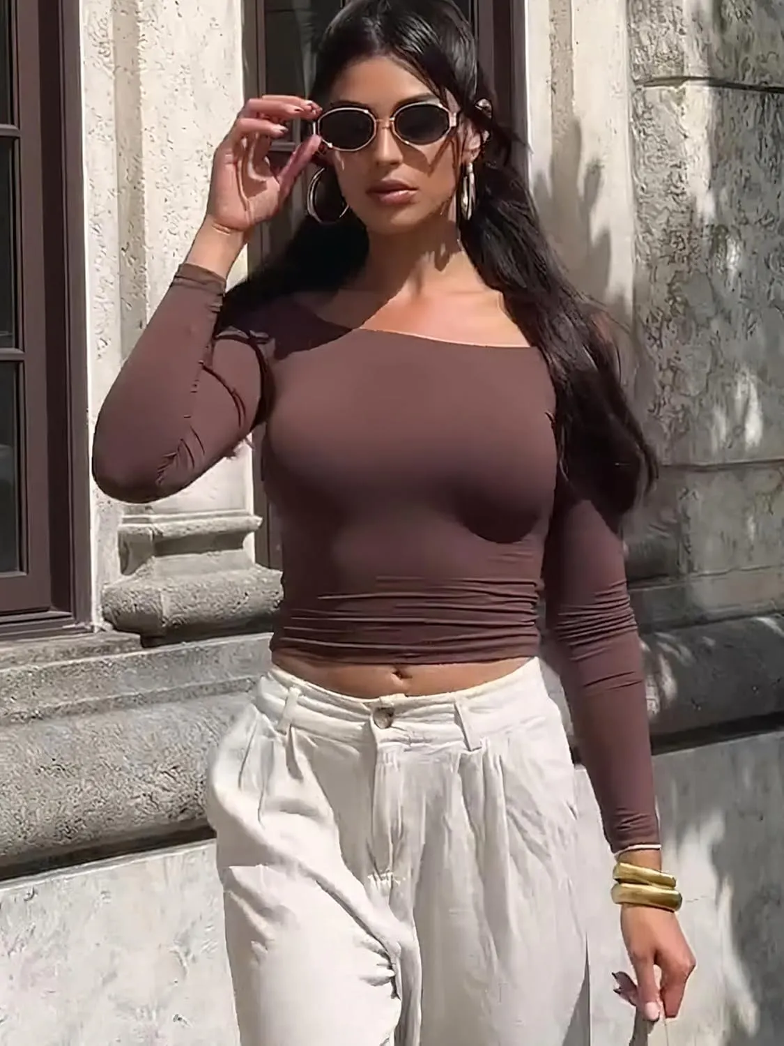 YEOREO Sophie Women Off Shoulder Long Sleeve Shirts Double Lined Basic Undershirt Y2K Going Out Tops