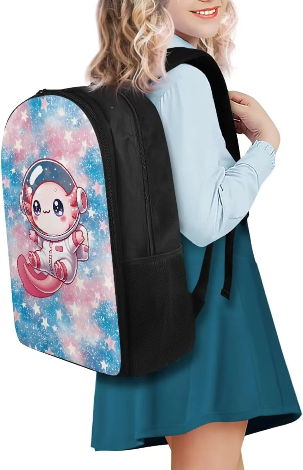 YEXIATODO Axolotl Astronaut Bookbag for Elementary Middle High School Primary School Bag for Teens Kids Ages 10-12 Students Backpack Set with Lunch Box Pencil Case Water Bottle Holder