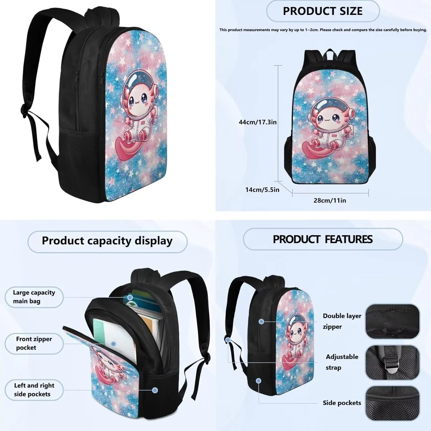 YEXIATODO Axolotl Astronaut Bookbag for Elementary Middle High School Primary School Bag for Teens Kids Ages 10-12 Students Backpack Set with Lunch Box Pencil Case Water Bottle Holder
