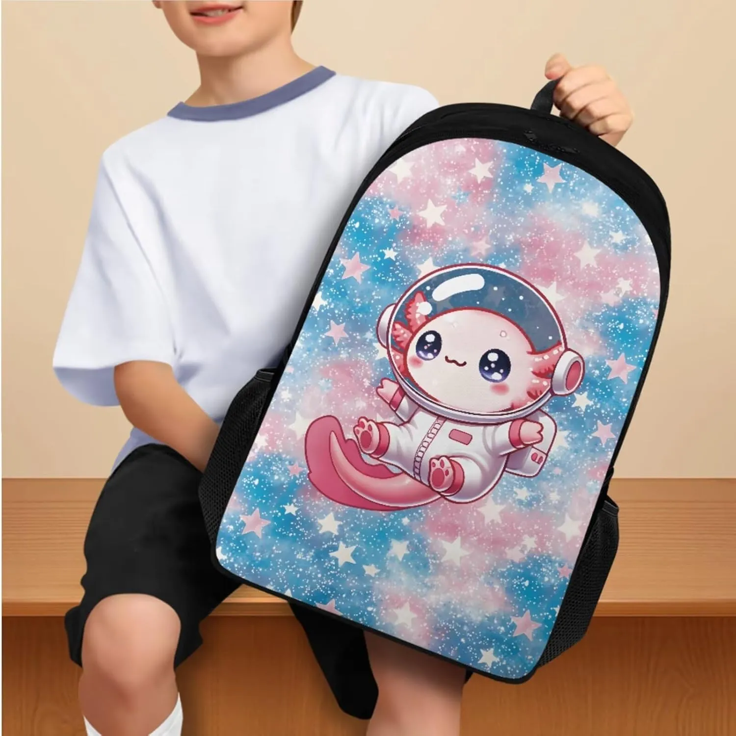 YEXIATODO Axolotl Astronaut Bookbag for Elementary Middle High School Primary School Bag for Teens Kids Ages 10-12 Students Backpack Set with Lunch Box Pencil Case Water Bottle Holder