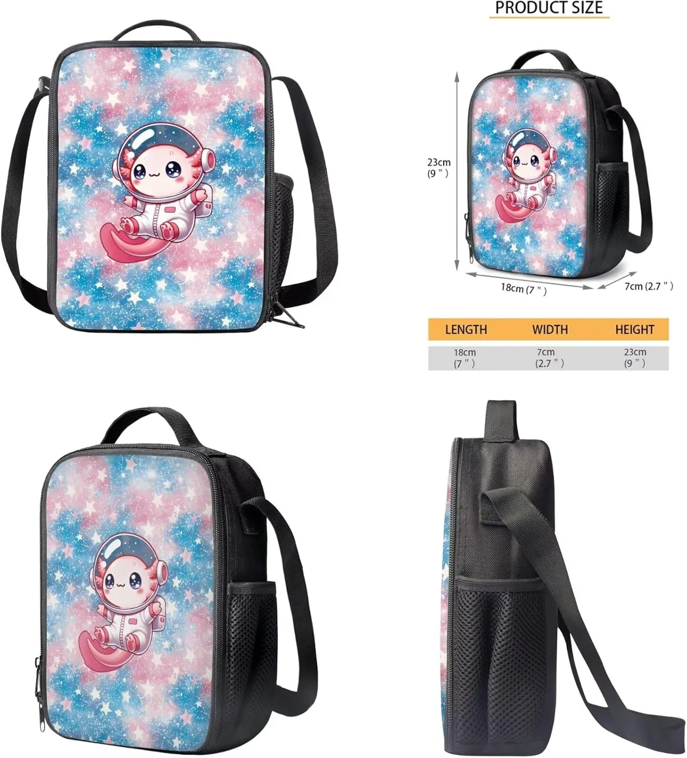YEXIATODO Axolotl Astronaut Bookbag for Elementary Middle High School Primary School Bag for Teens Kids Ages 10-12 Students Backpack Set with Lunch Box Pencil Case Water Bottle Holder