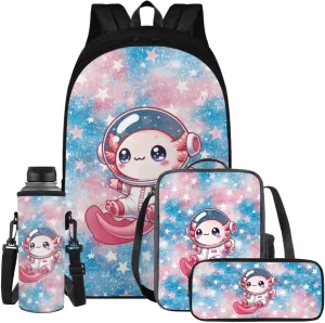 YEXIATODO Axolotl Astronaut Bookbag for Elementary Middle High School Primary School Bag for Teens Kids Ages 10-12 Students Backpack Set with Lunch Box Pencil Case Water Bottle Holder