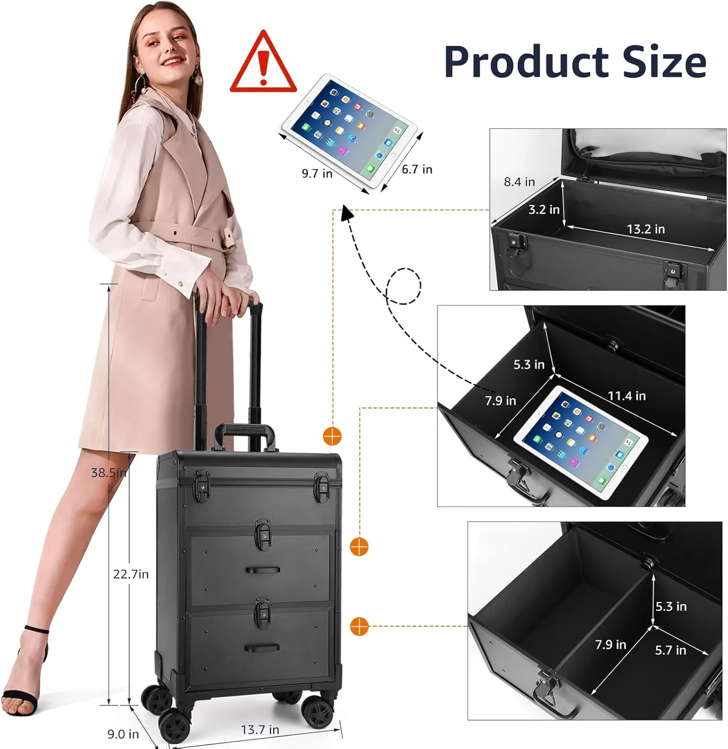 Yokilly Rolling Makeup Train Case, Professional Cosmetology Case on Wheels, Aluminum Cosmetic Trolley Travelling Cart Trunk with Swivel Wheels, Sliding Drawer & Keys for Nail Technician Stylist(Black)
